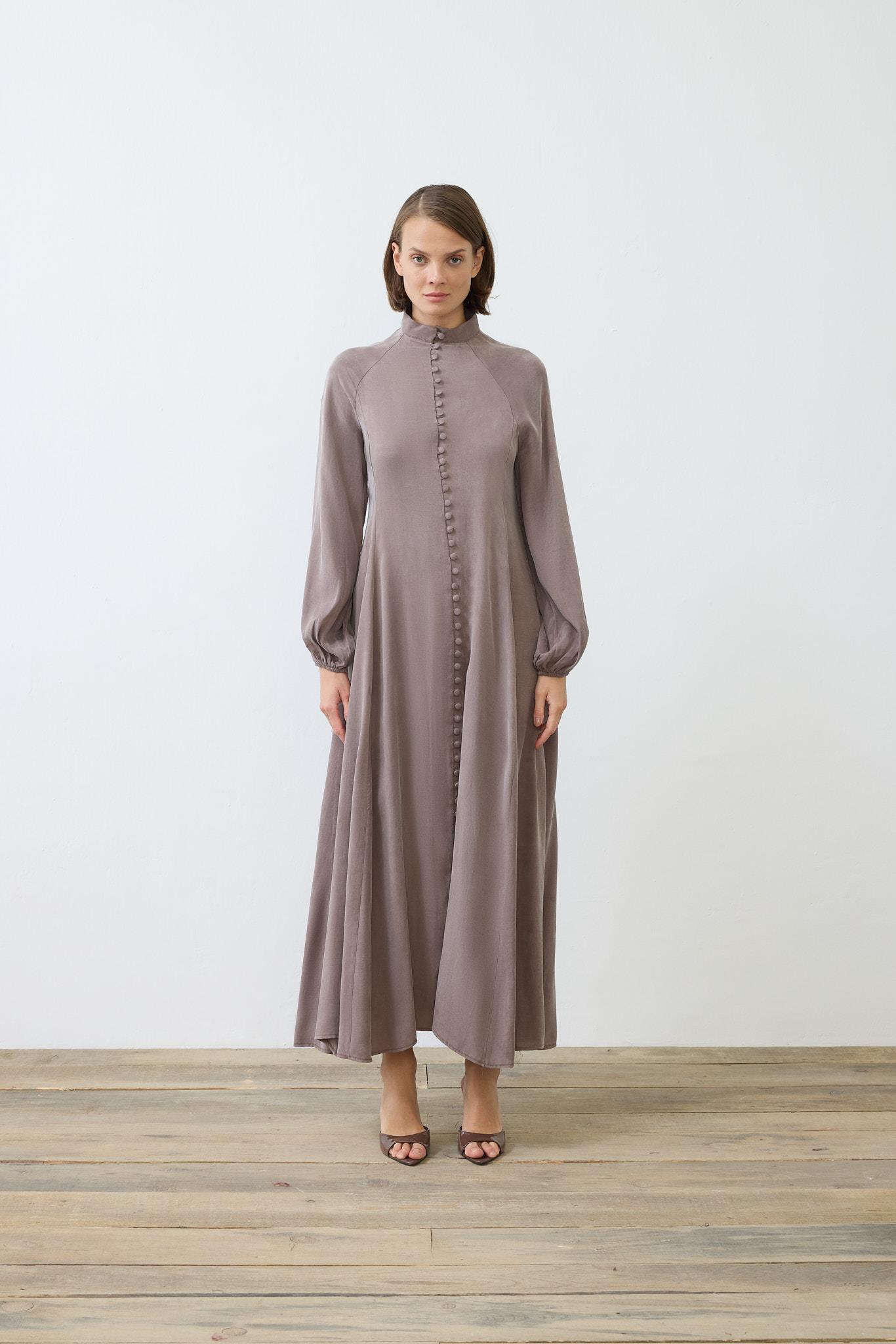 PRIME WASHED SILK BUTTONED BELT DRESS ETOUPE