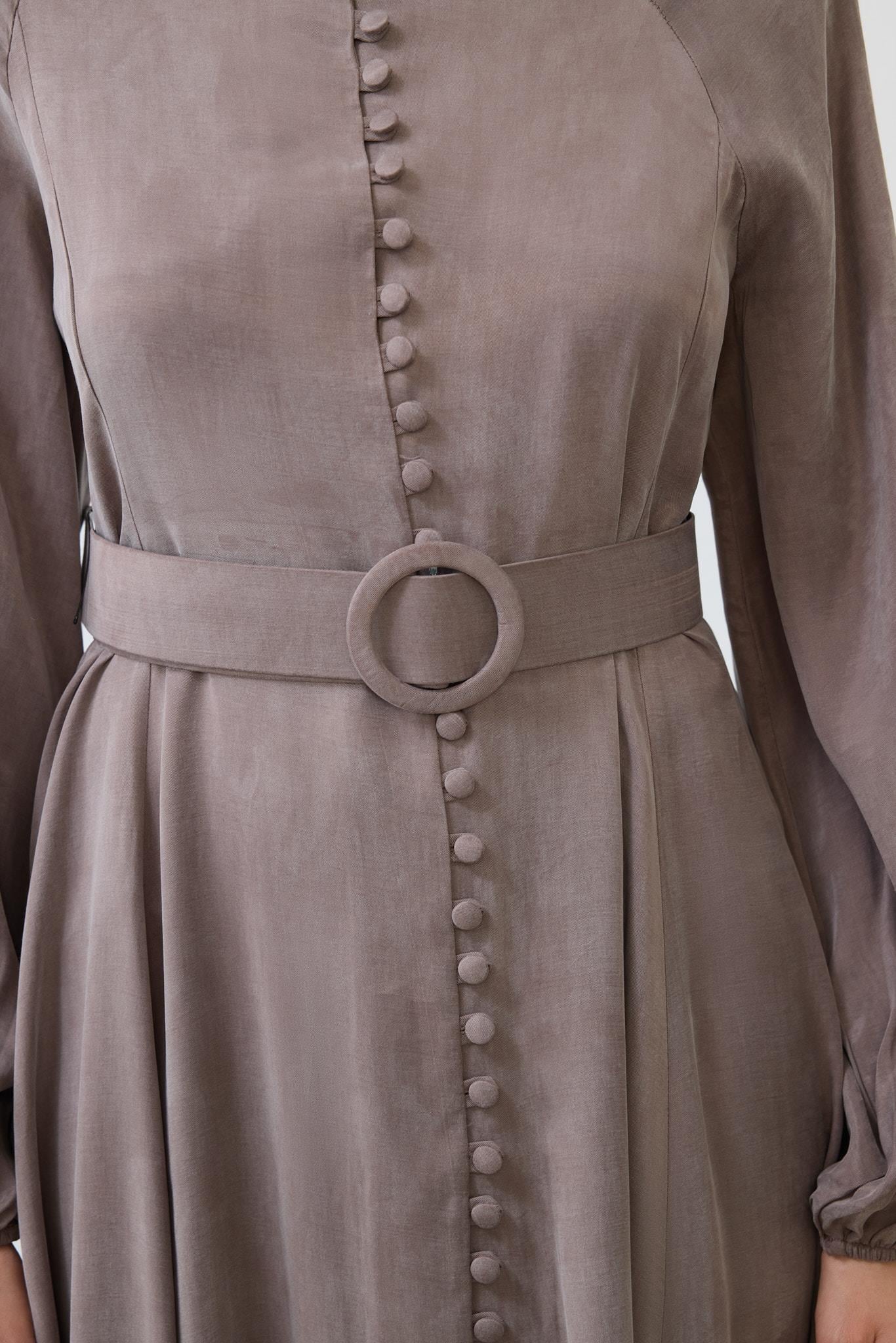 PRIME WASHED SILK BUTTONED BELT DRESS ETOUPE