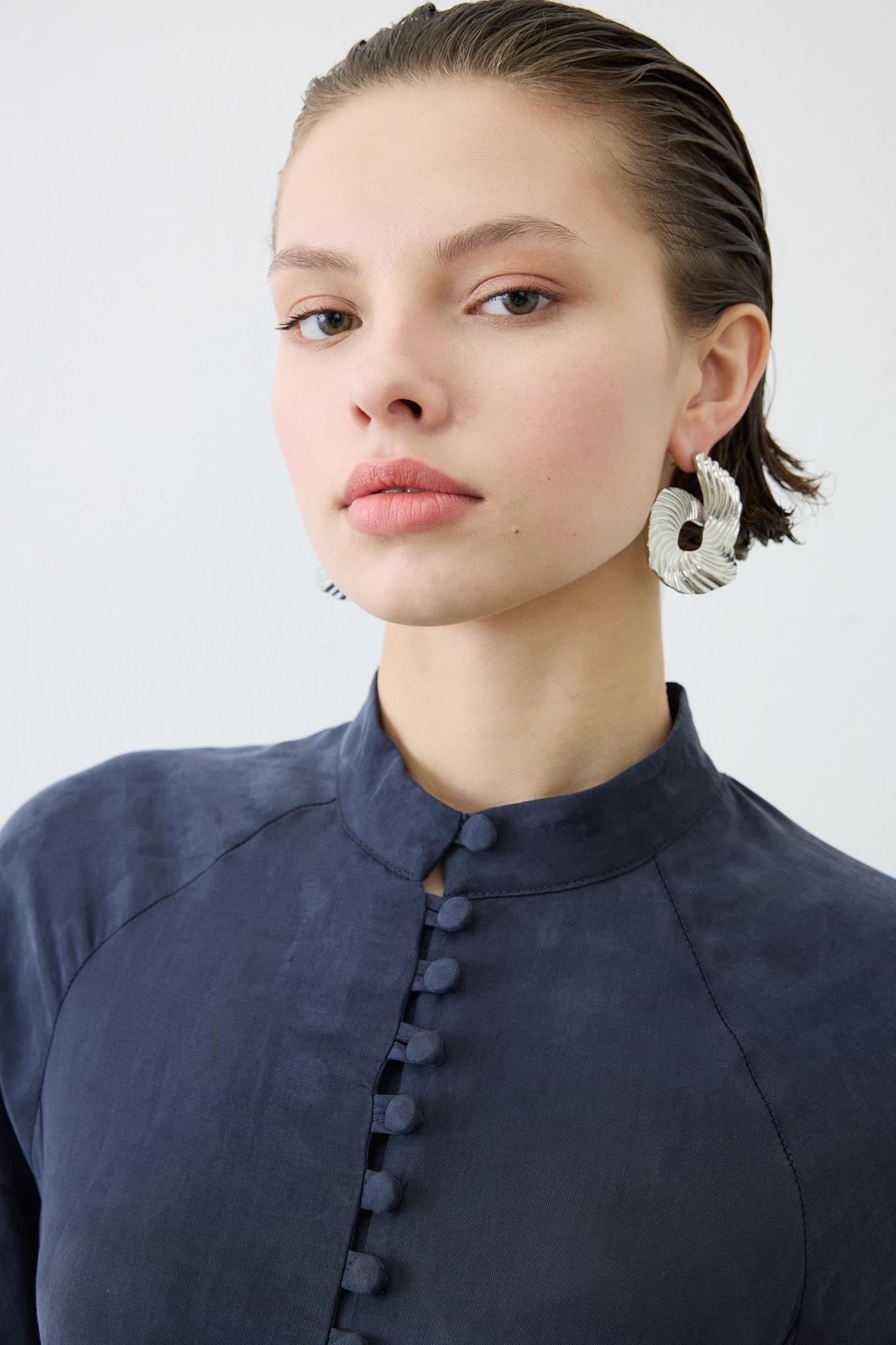 PRIME WASHED SILK BRIT BUTTONED DRESS NAVY BLUE