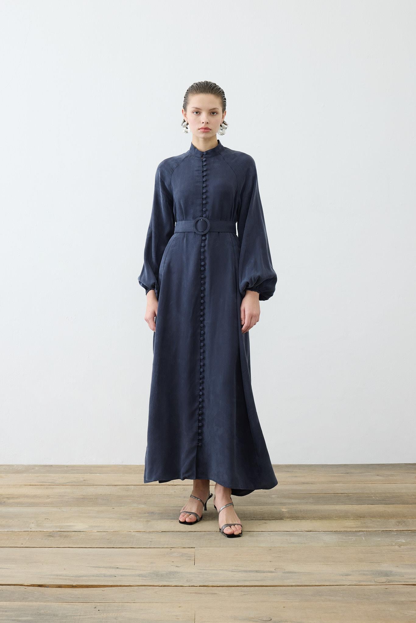 PRIME WASHED SILK BRIT BUTTONED DRESS NAVY BLUE