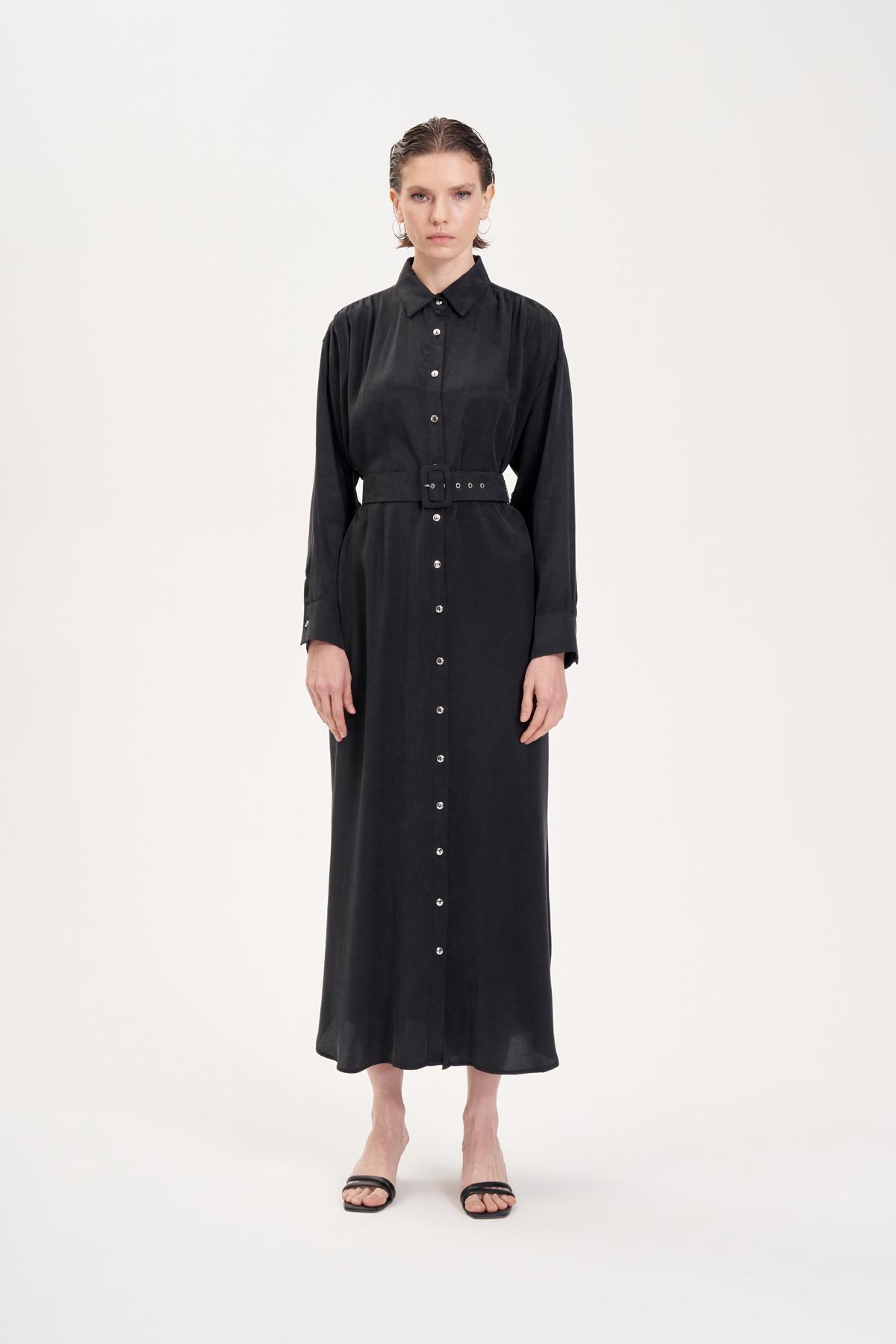 PRIME WASHED SILK SHIRT DRESS BLACK