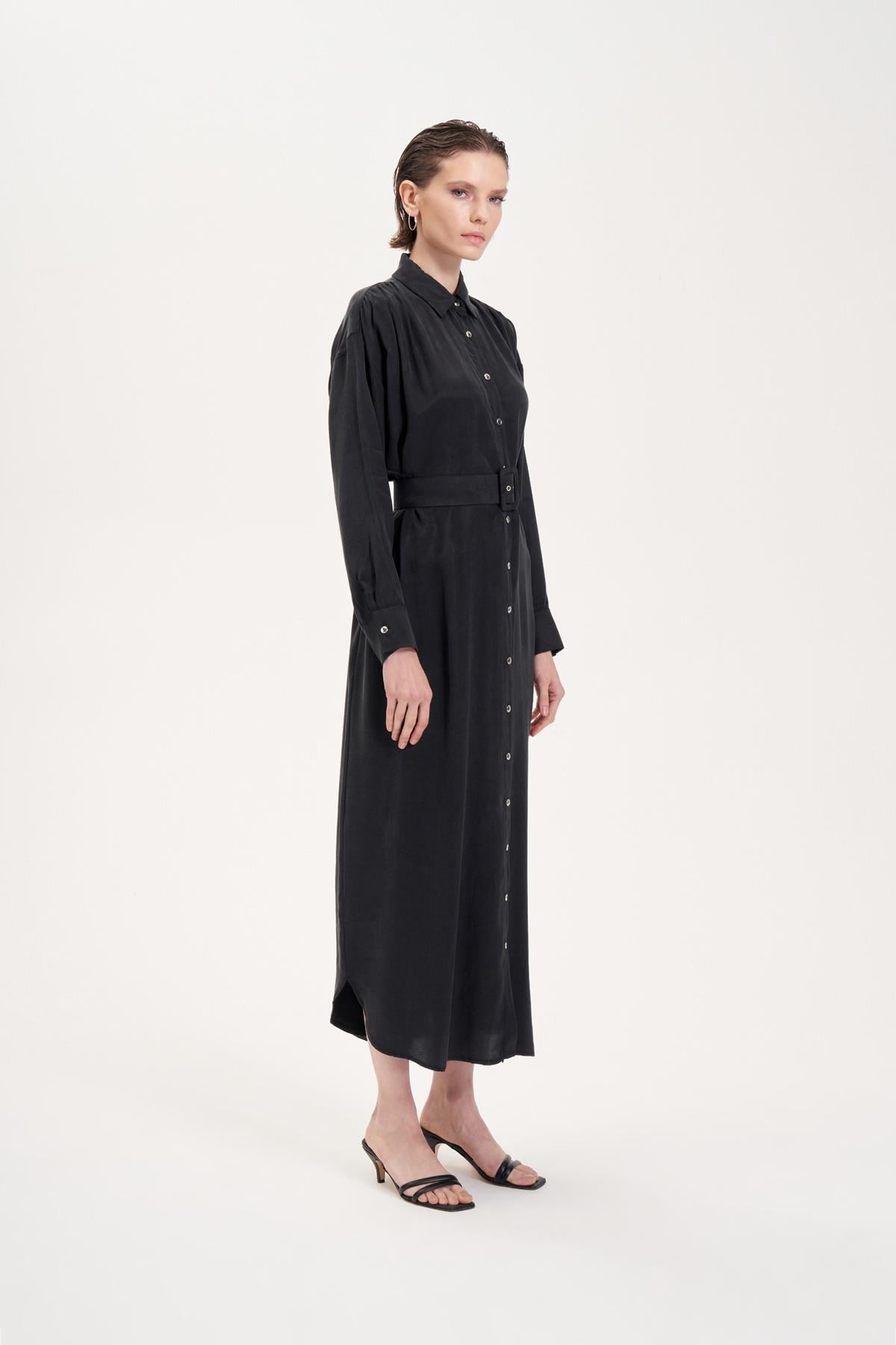 PRIME WASHED SILK SHIRT DRESS BLACK