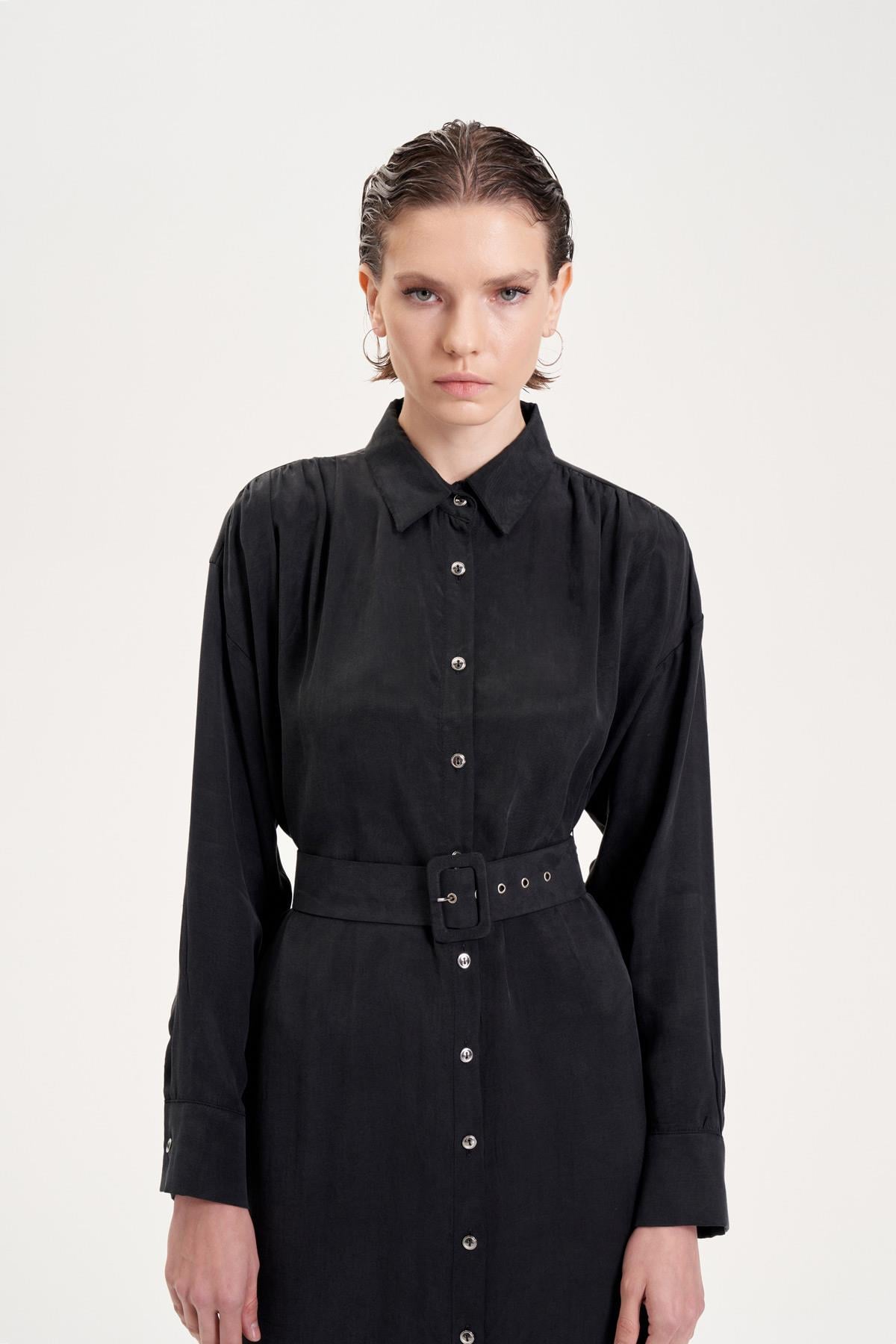 PRIME WASHED SILK SHIRT DRESS BLACK
