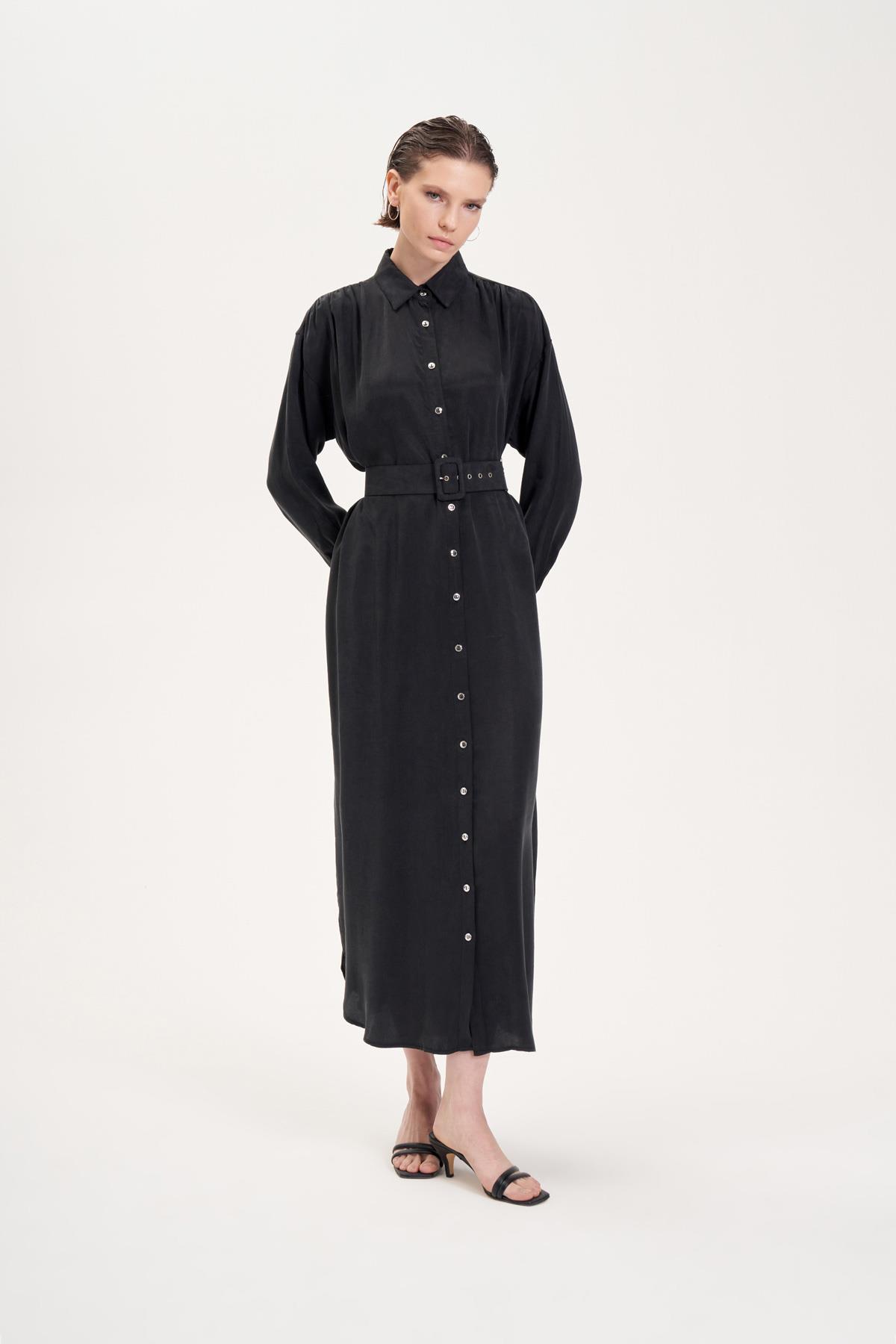 PRIME WASHED SILK SHIRT DRESS BLACK