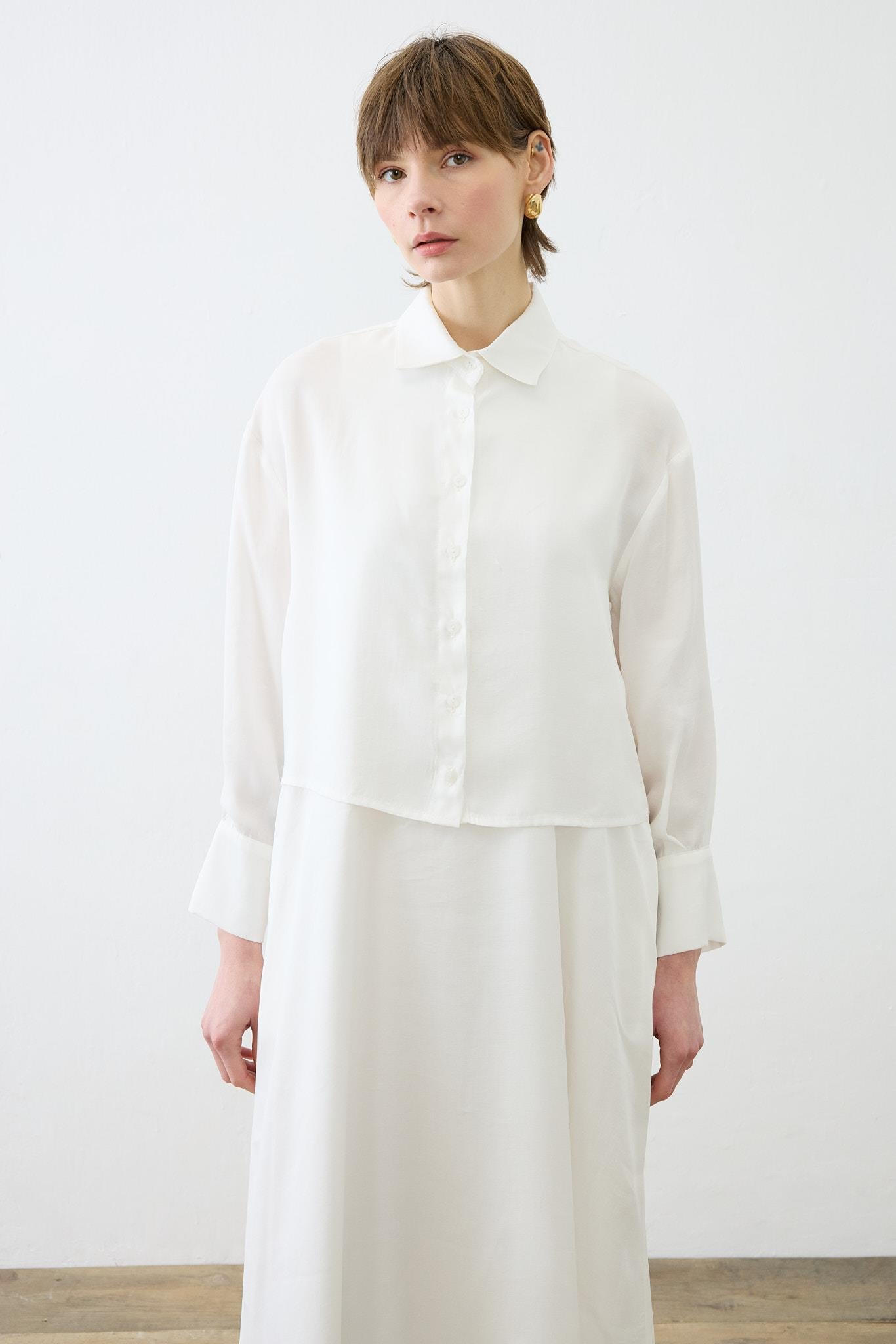 PRIME WASHED SILK SLEEVELESS SHIRT SET ECRU