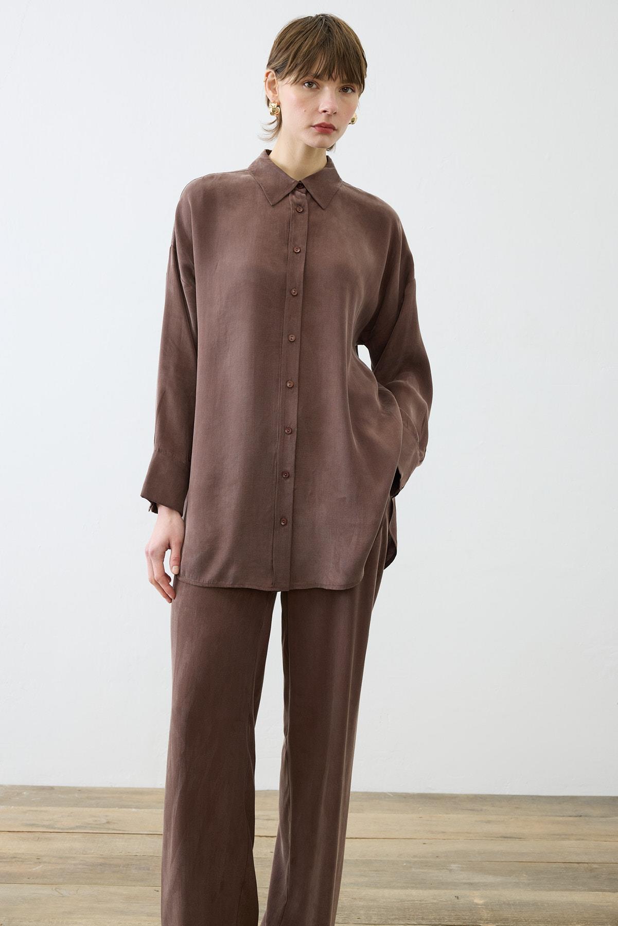 PRIME WASHED SILK PANTS SET BROWN