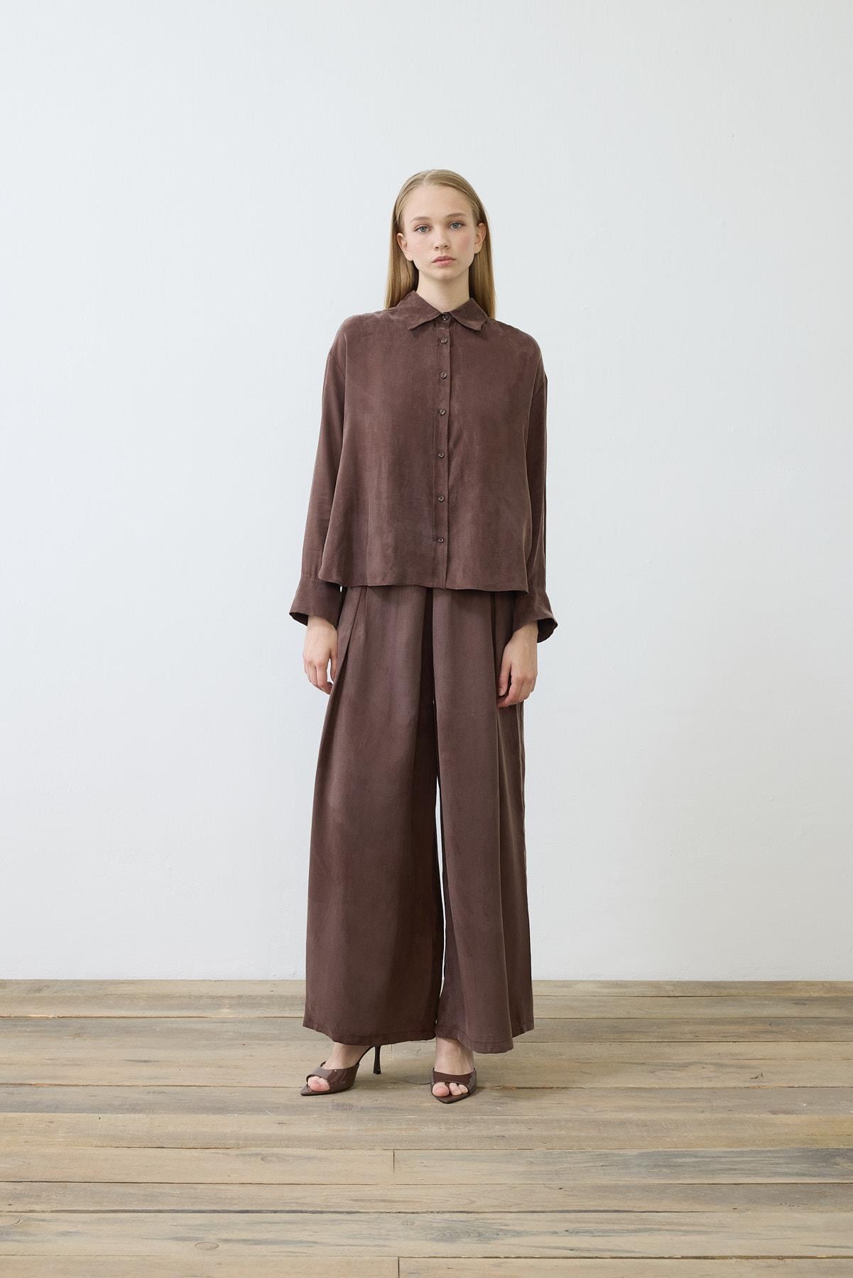 PRIME WASHED SILK PLEATED SHIRT PANTS SET BROWN