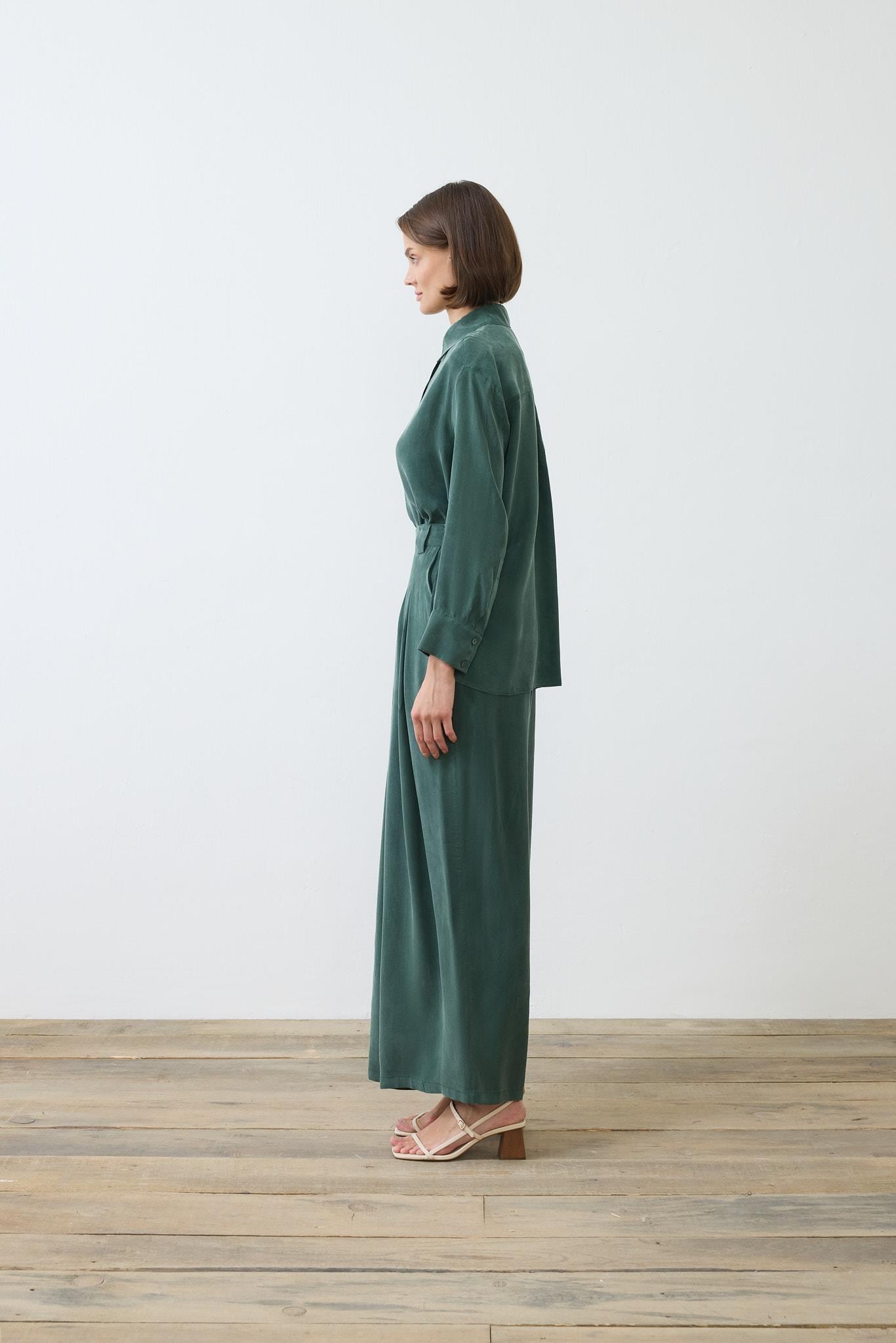 PRIME WASHED SILK PLEATED SHIRT PANTS SET KHAKI