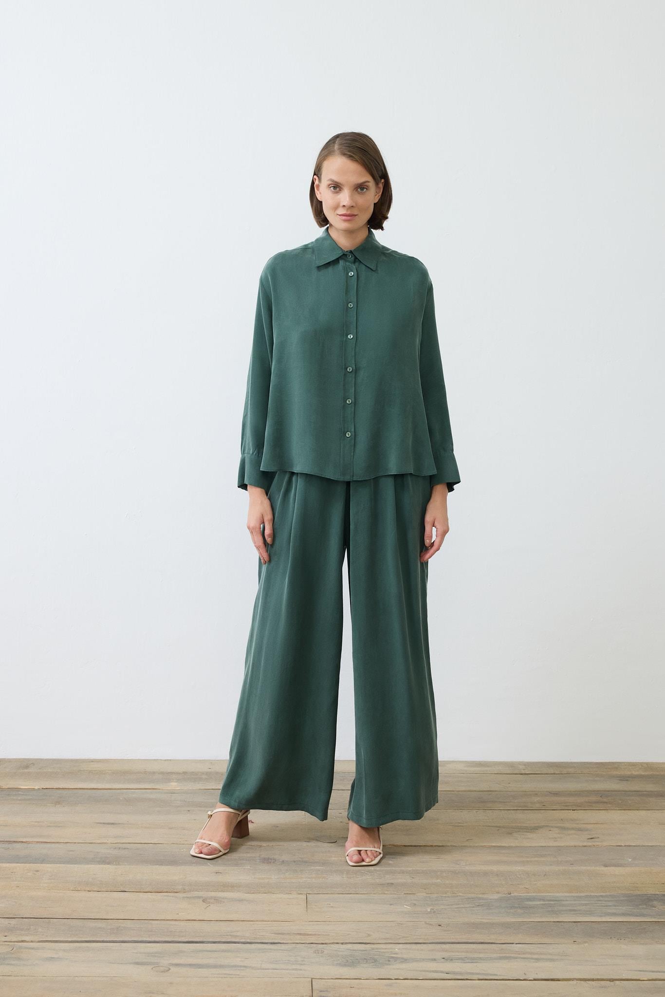 PRIME WASHED SILK PLEATED SHIRT PANTS SET KHAKI