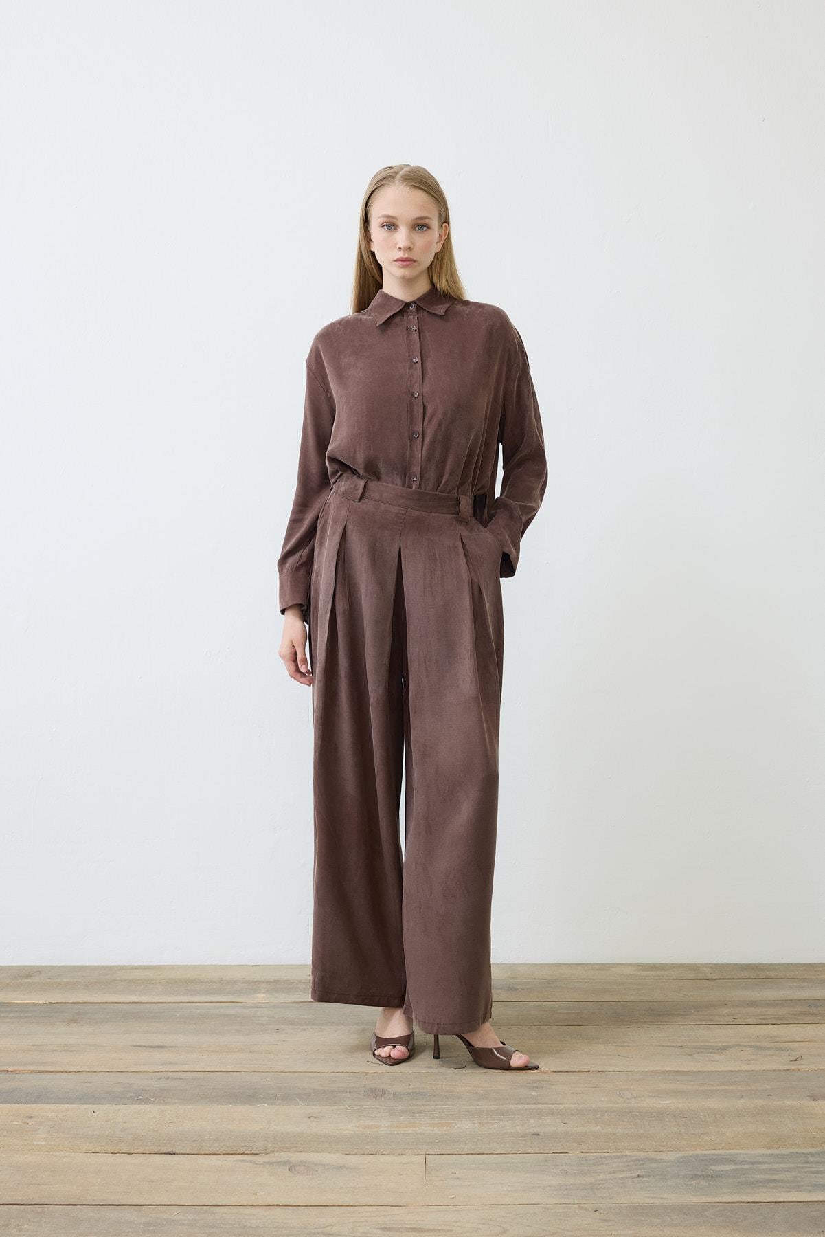 PRIME WASHED SILK PLEATED SHIRT PANTS SET BROWN