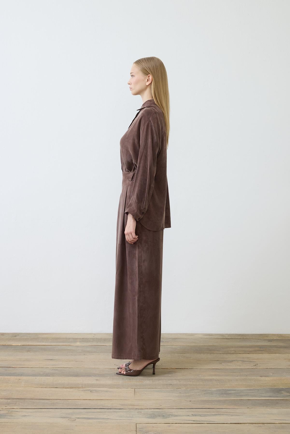 PRIME WASHED SILK PLEATED SHIRT PANTS SET BROWN