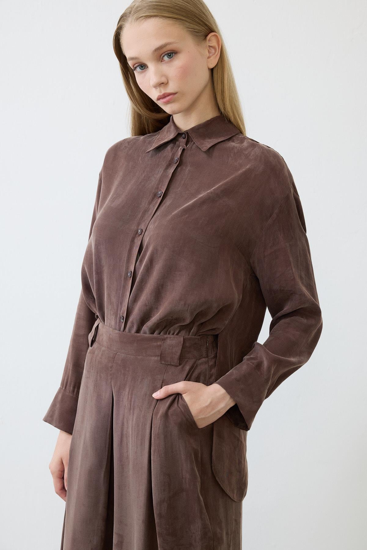 PRIME WASHED SILK PLEATED SHIRT PANTS SET BROWN