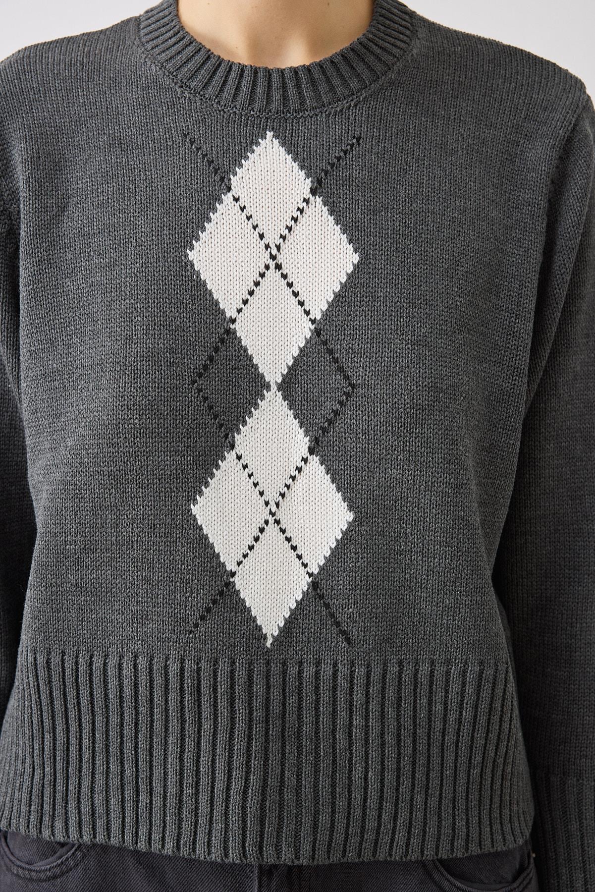 RETRO ARGYLE PATTERN COTTON KNIT SWEATER GRAY