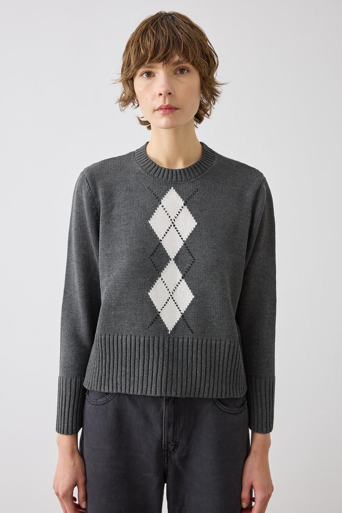 RETRO ARGYLE PATTERN COTTON KNIT SWEATER GRAY