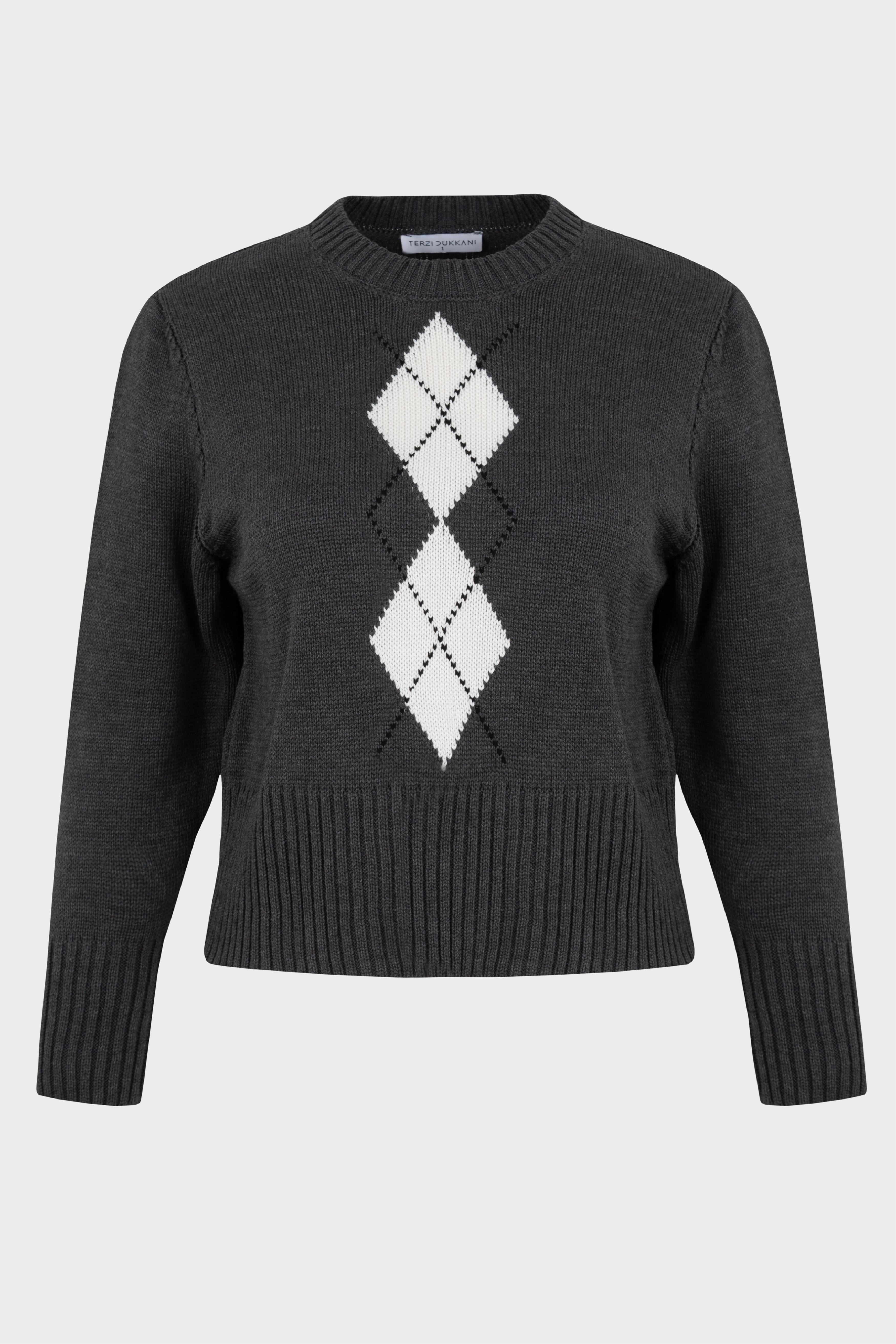 RETRO ARGYLE PATTERN COTTON KNIT SWEATER GRAY