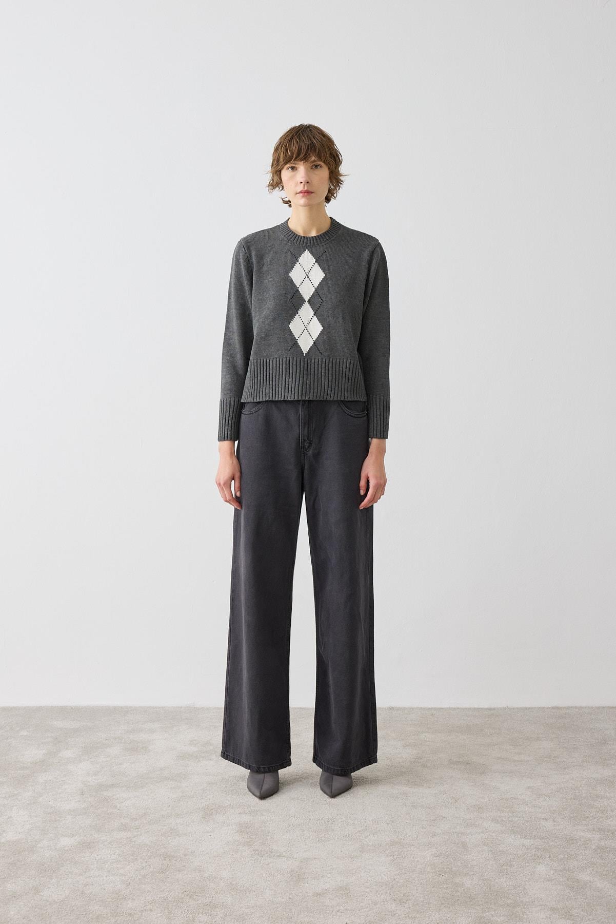 RETRO ARGYLE PATTERN COTTON KNIT SWEATER GRAY