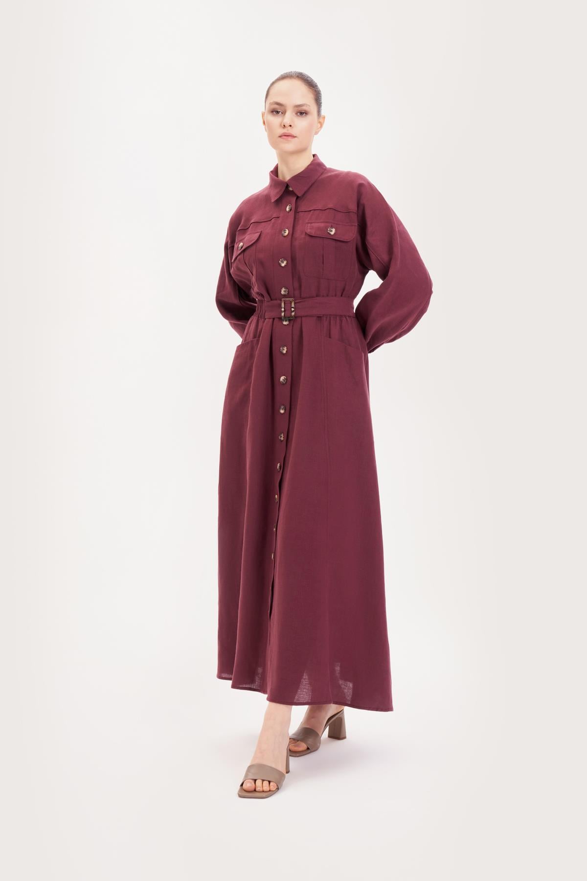 RİVA %100 KETEN KEMERLİ ELBİSE BORDO