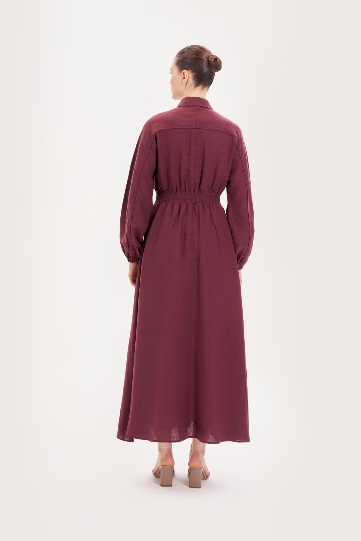 RİVA %100 KETEN KEMERLİ ELBİSE BORDO
