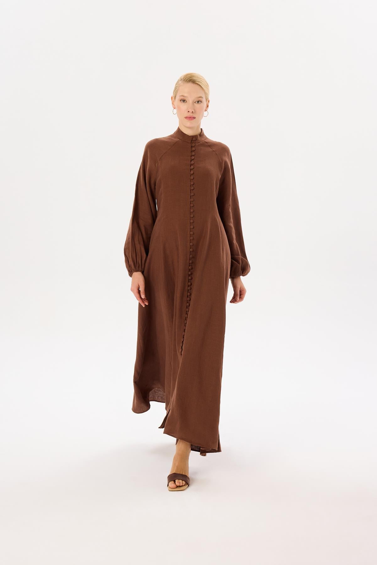 ROYAL %100 LINEN BUTTONED BELT DRESS BROWN