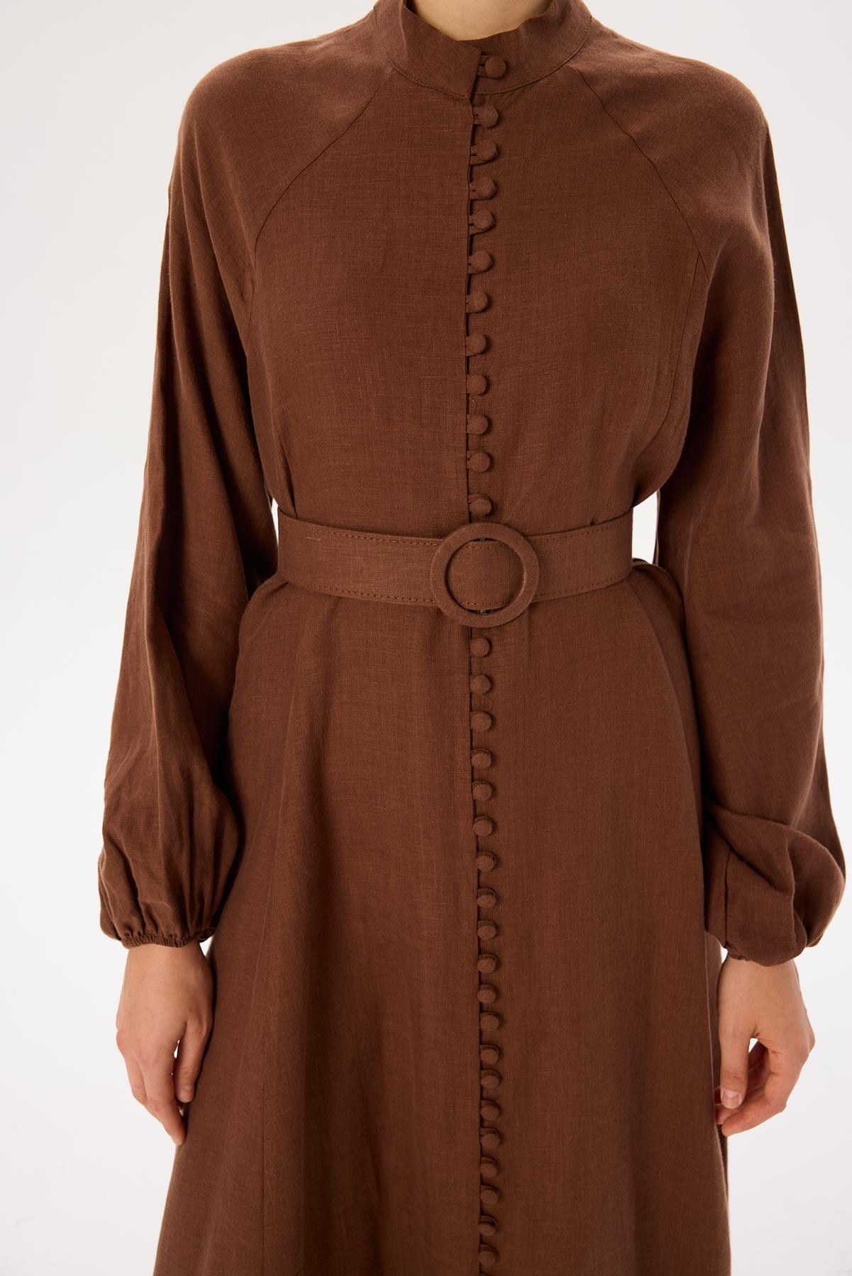 ROYAL %100 LINEN BUTTONED BELT DRESS BROWN
