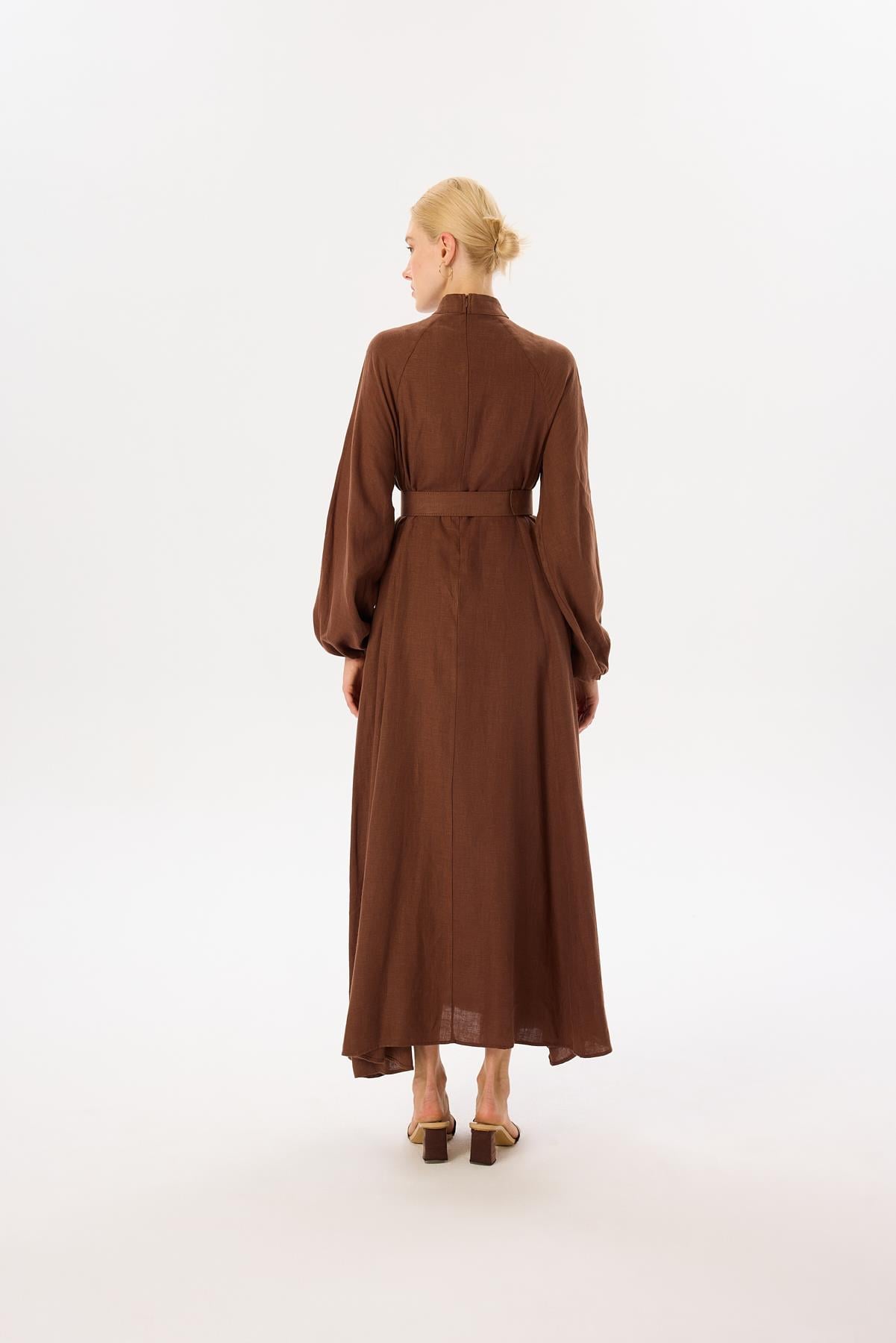 ROYAL %100 LINEN BUTTONED BELT DRESS BROWN
