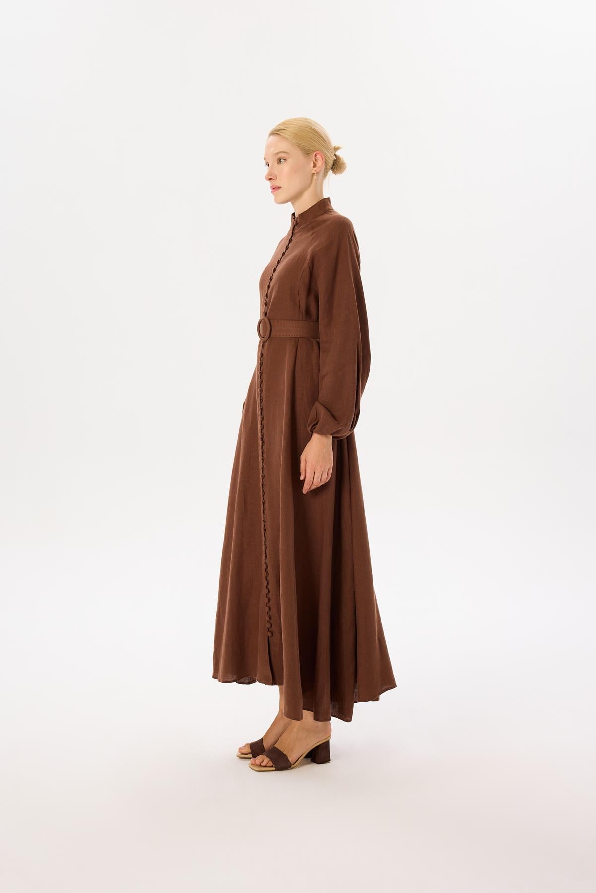 ROYAL %100 LINEN BUTTONED BELT DRESS BROWN