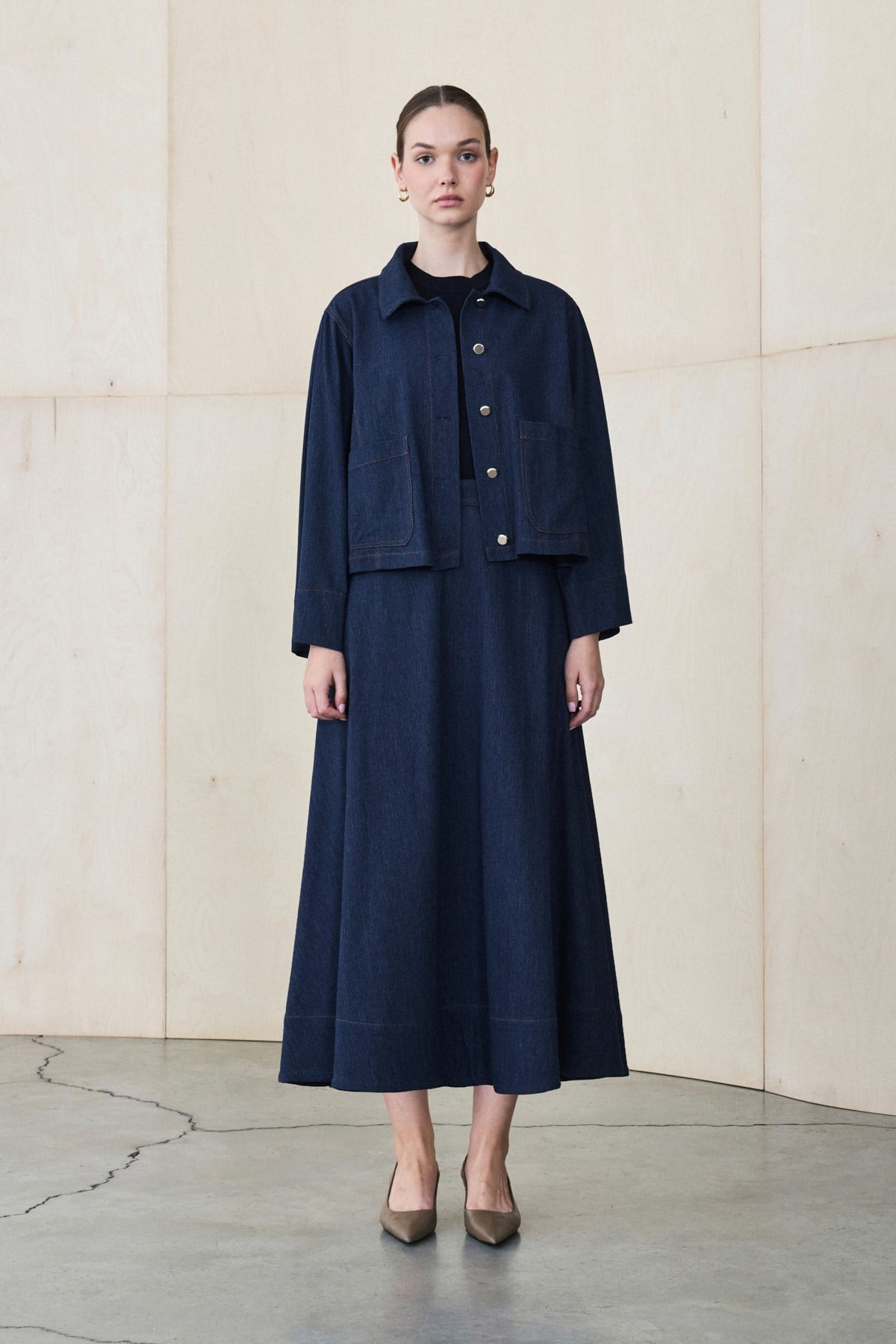 SAND RAYON DENIM JACKET - SKIRT SET NAVY BLUE