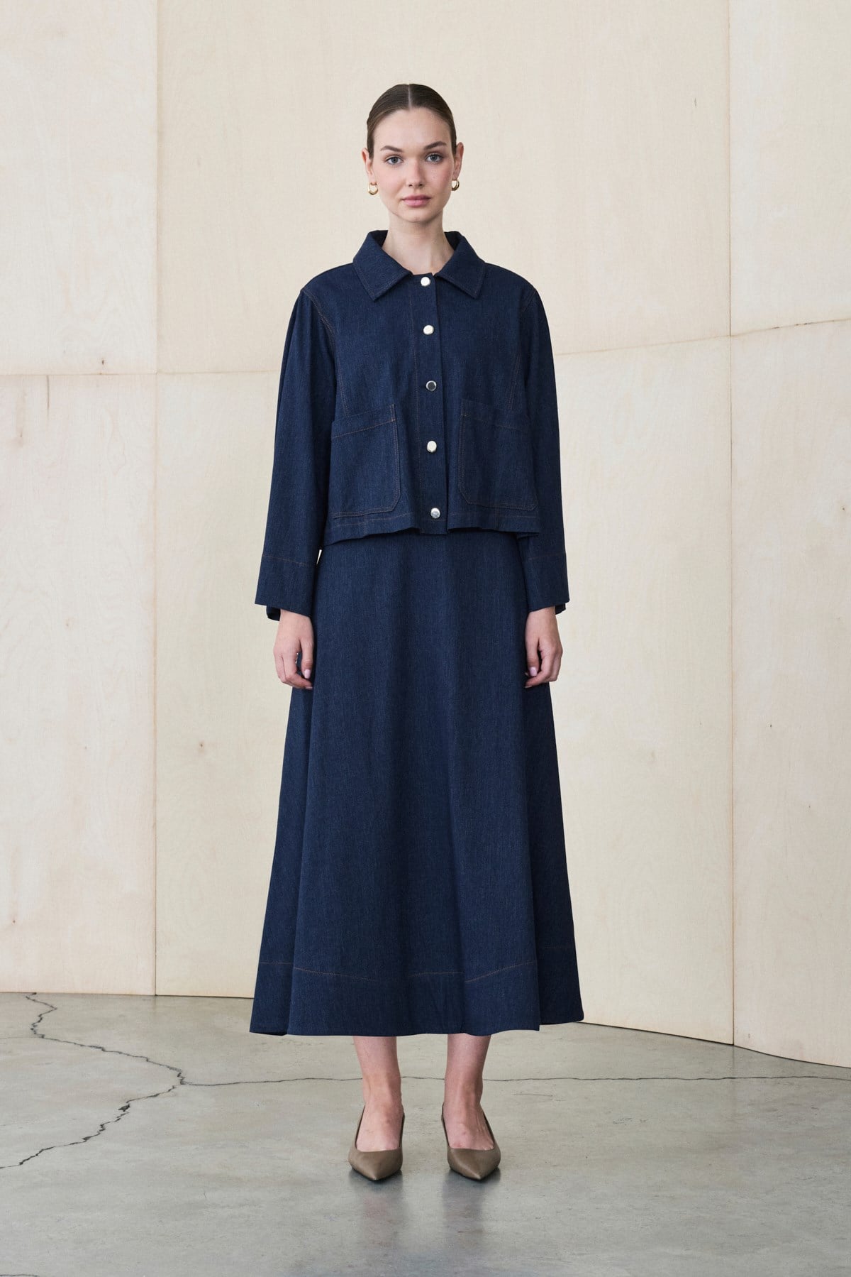 SAND RAYON DENIM JACKET - SKIRT SET NAVY BLUE
