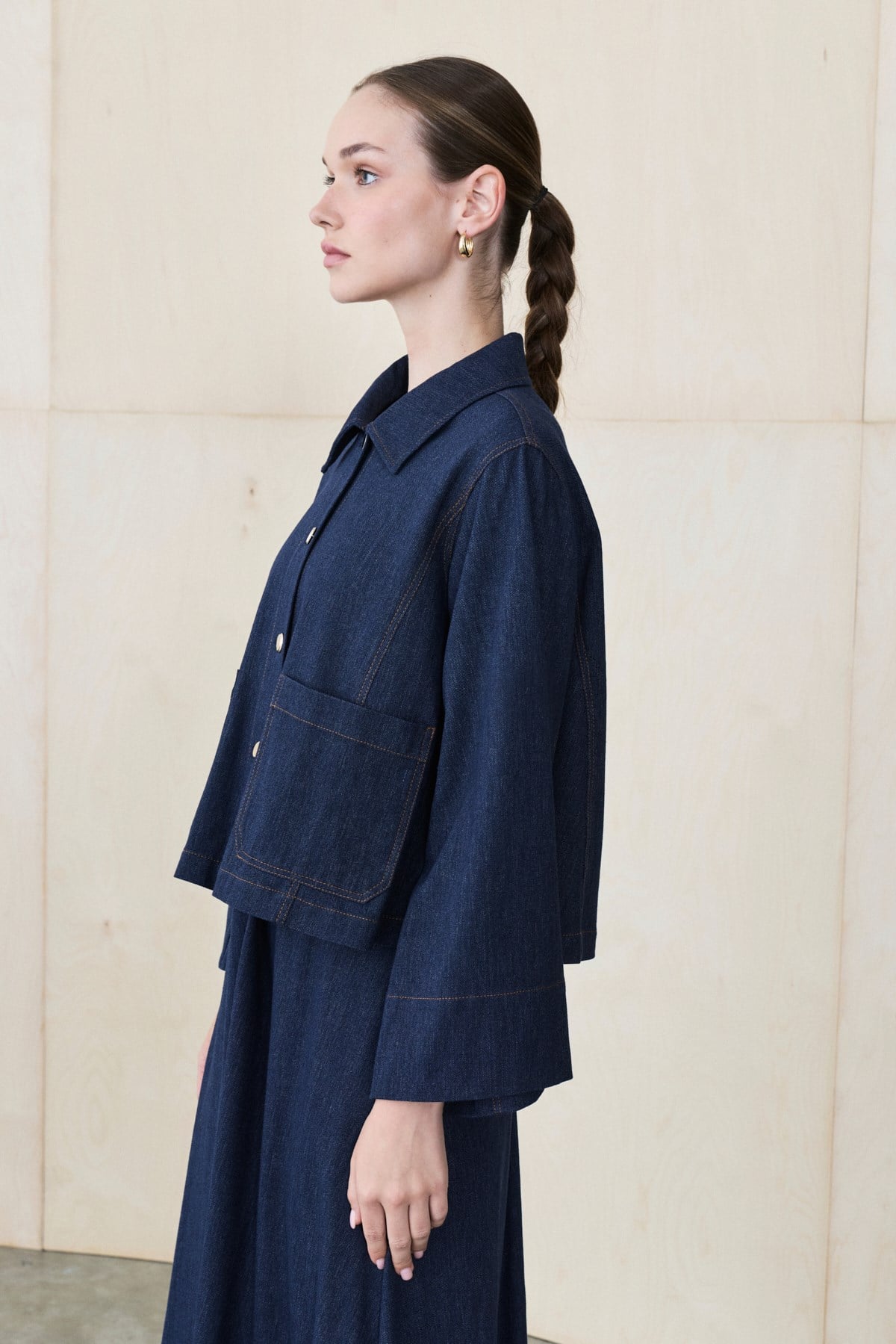 SAND RAYON DENIM JACKET - SKIRT SET NAVY BLUE