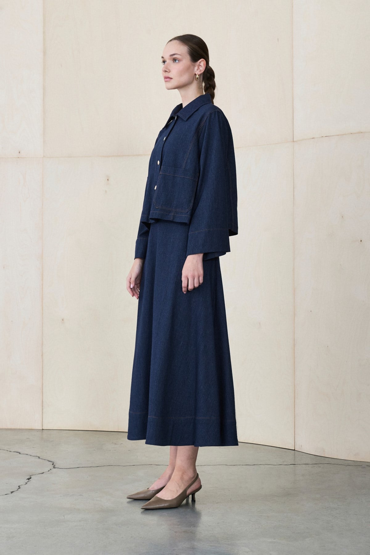 SAND RAYON DENIM JACKET - SKIRT SET NAVY BLUE