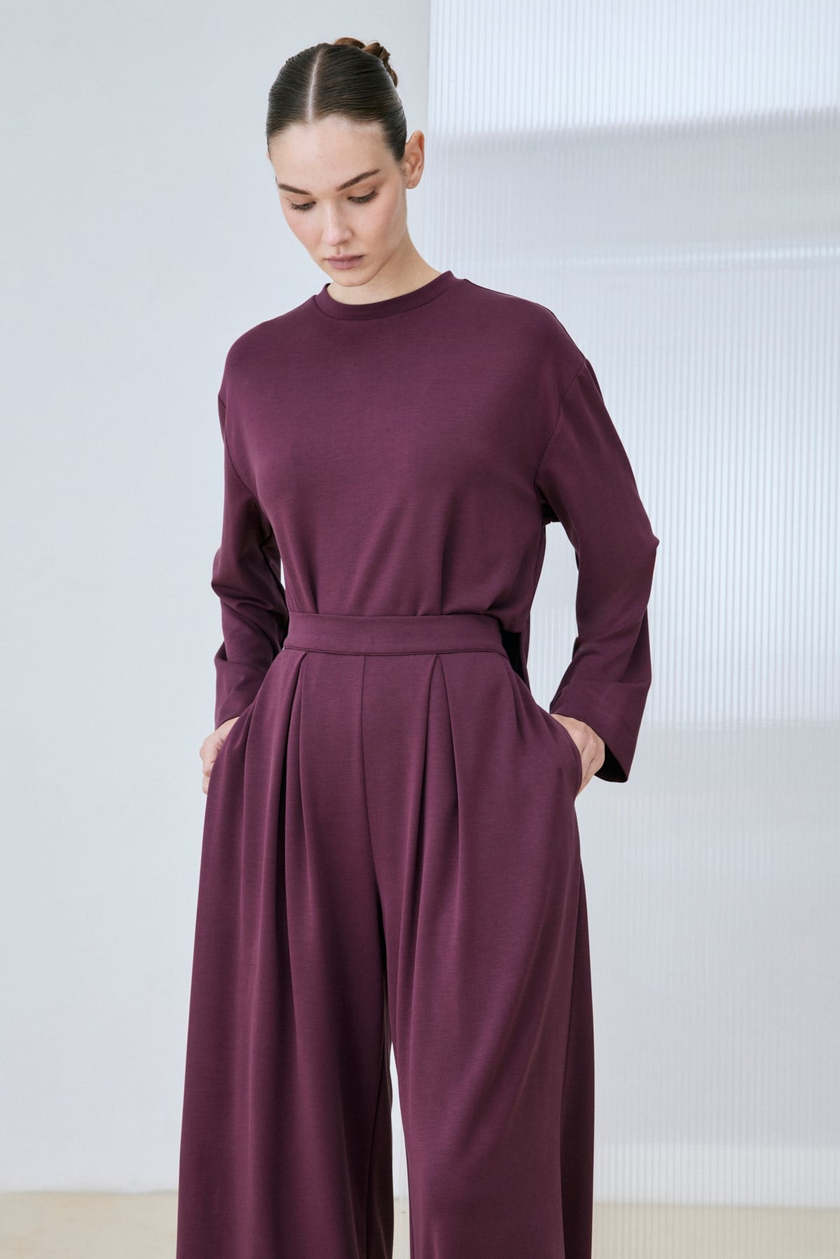 SILVA VİSKON PİLE DETAY PANTOLONLU TAKIM BORDO