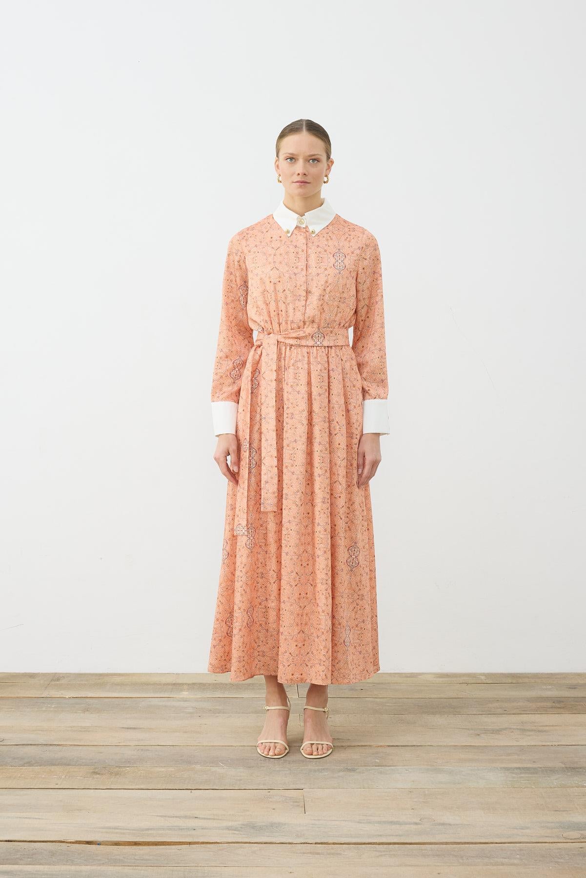 SPRING PATTERNED COLLAR DETAILED TWILL DRESS ORANGE