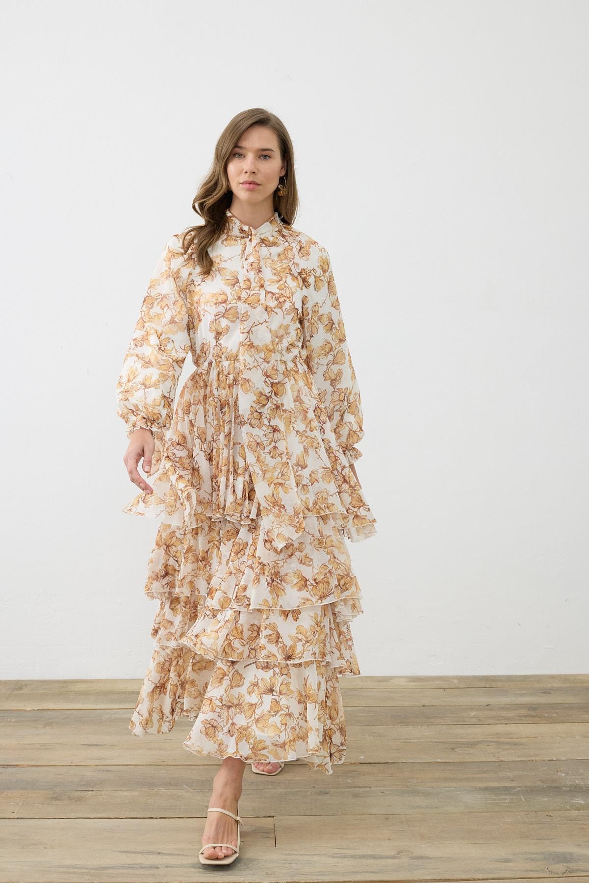 SUCRE PATTERNED CHIFFON LAYERED DRESS YELLOW