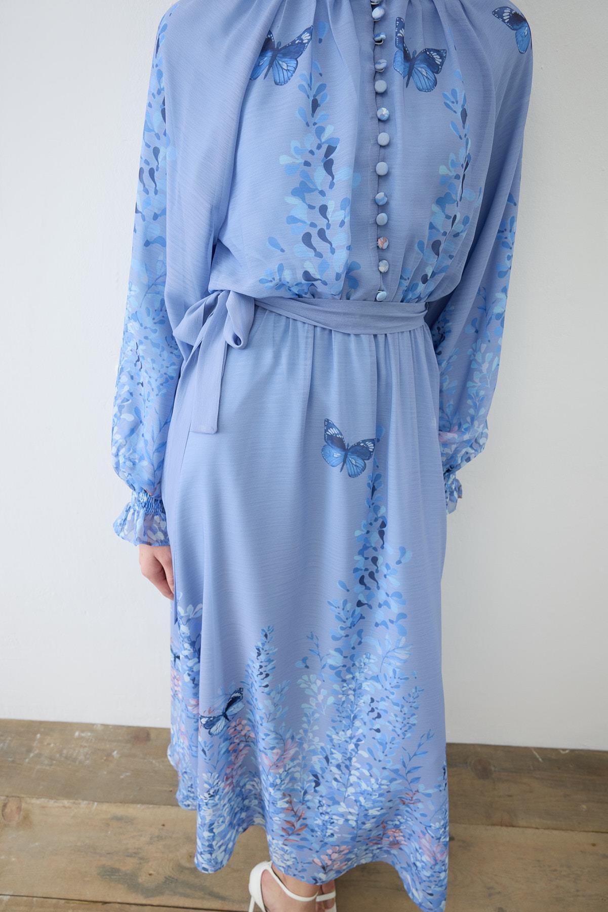 SUMBUL PATTERNED HALF BELTED CHIFFON DRESS BABY BLUE