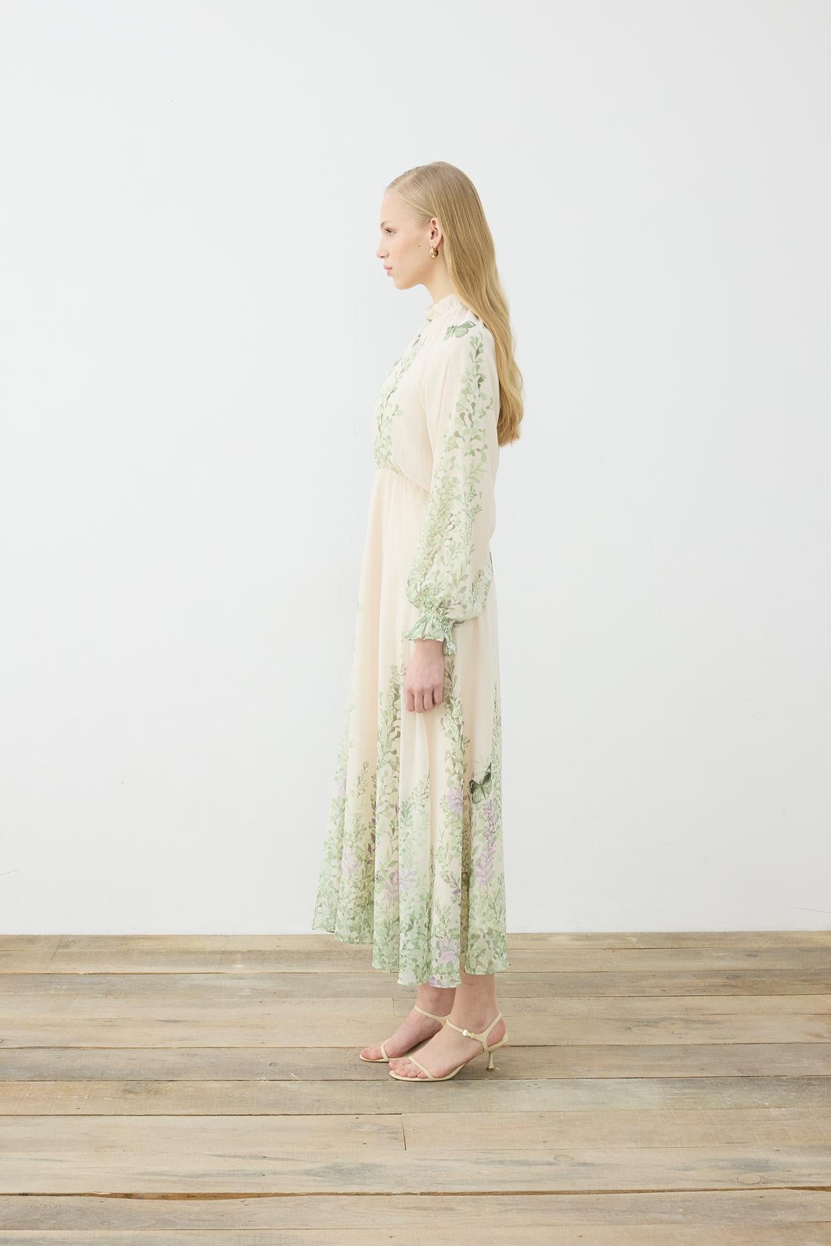 SUMBUL PATTERNED HALF BELTED CHIFFON DRESS BEIGE