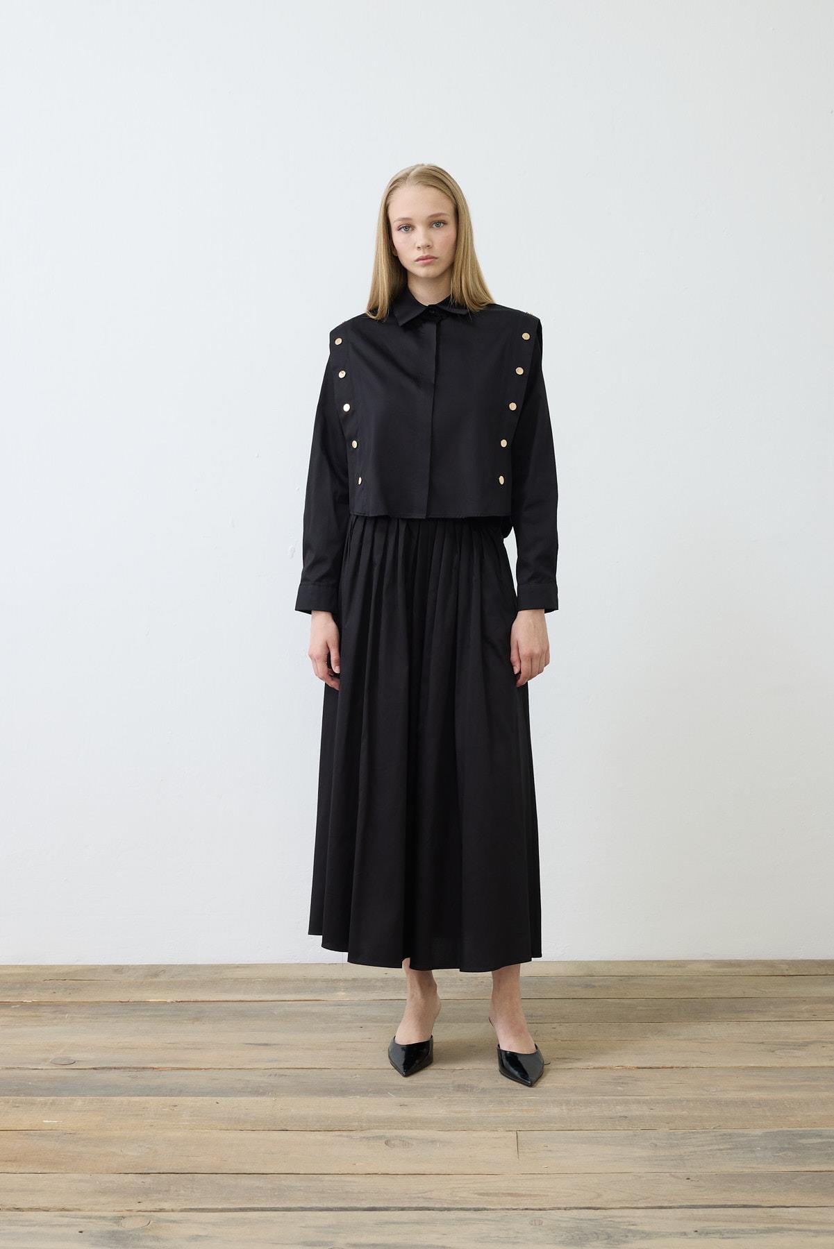 TESS BUTTON DETAILED COTTON SKIRT SET BLACK