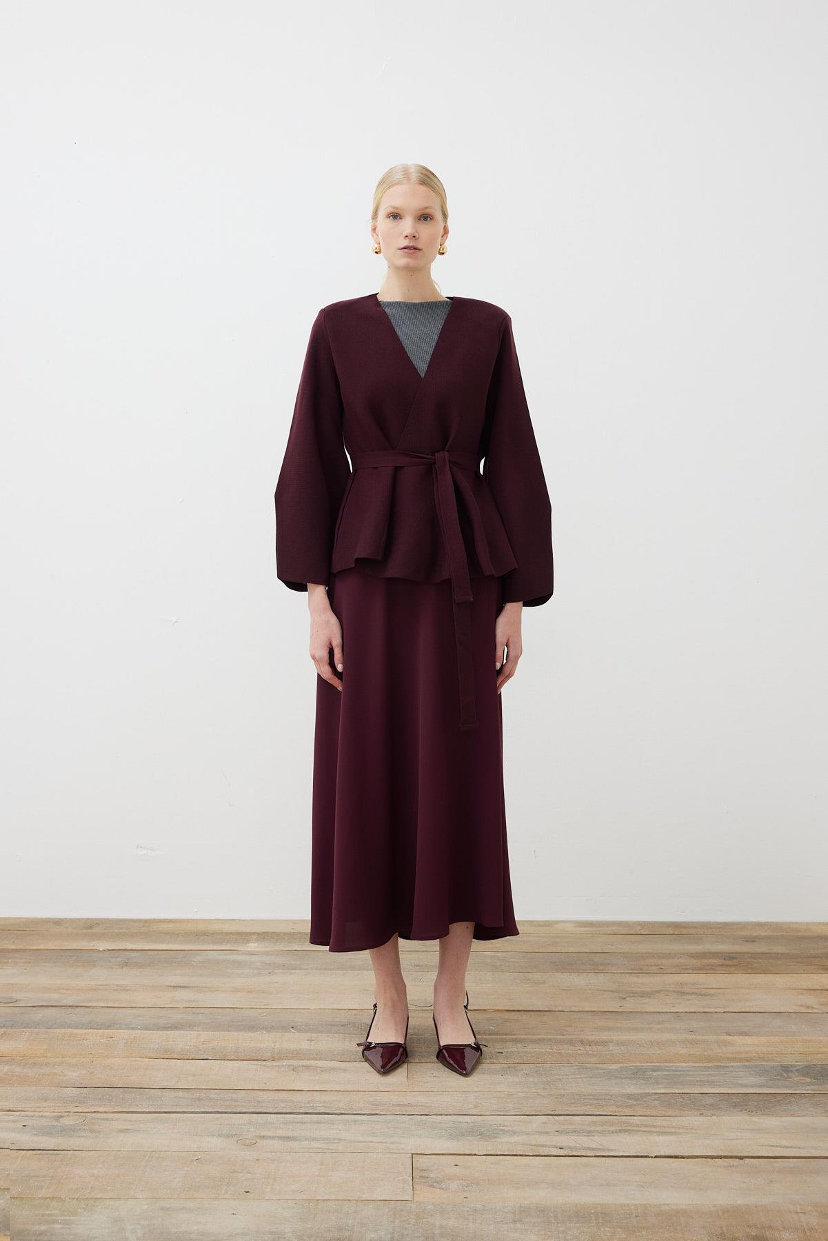 VERA STEEL KNIT PEPLUM CARDIGAN BURGUNDY
