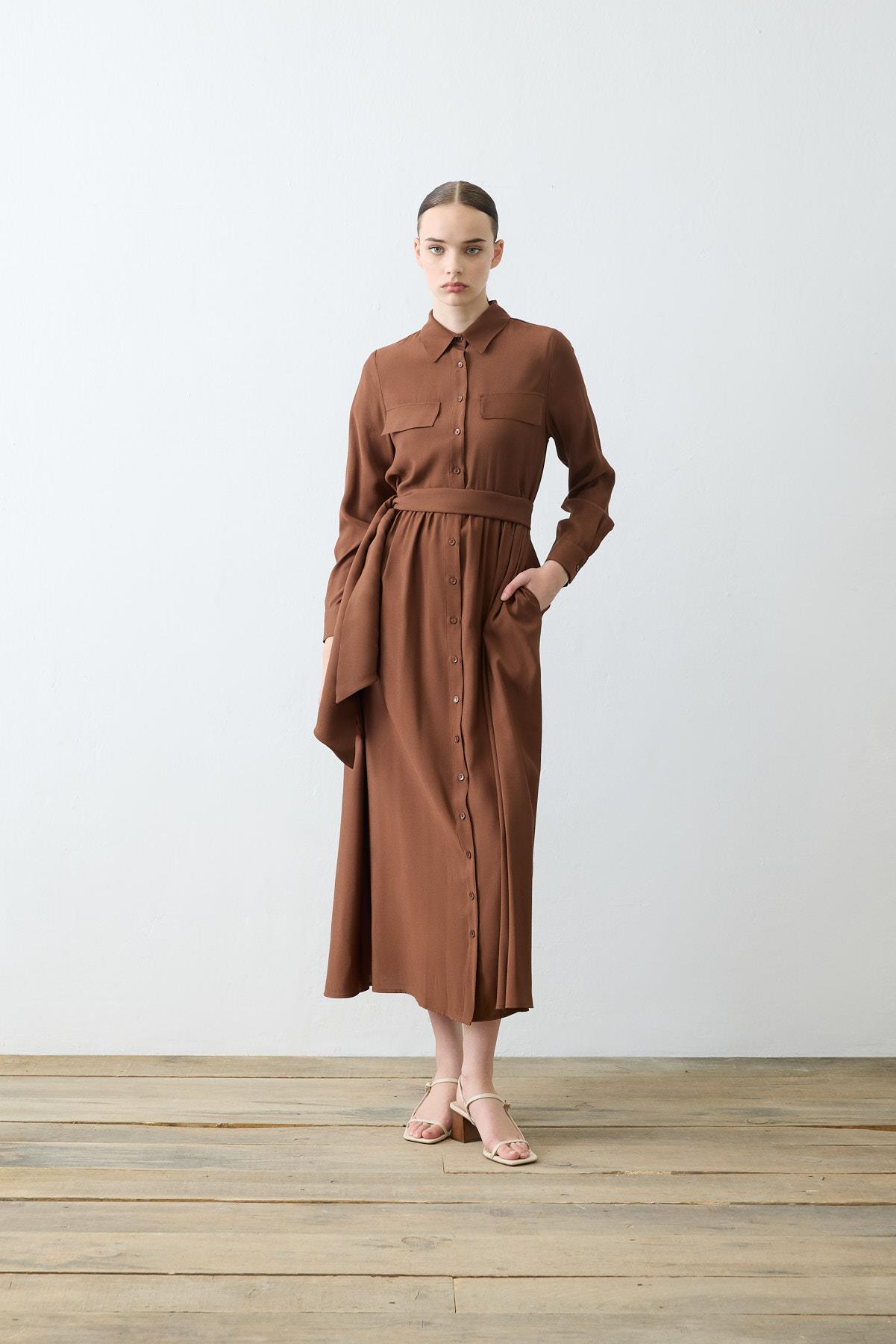 VERA VISCOSE POCKET SHIRT DRESS BROWN