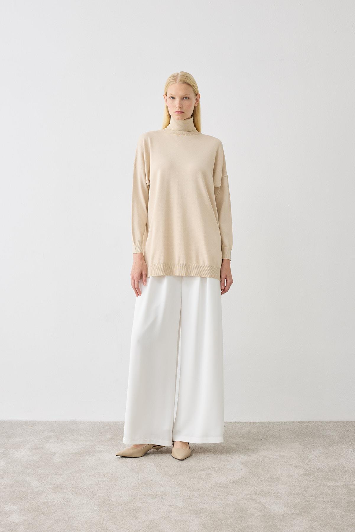 VOLETA MERCERIZED VISCOSE TURTLENECK KNIT TUNIC BEIGE