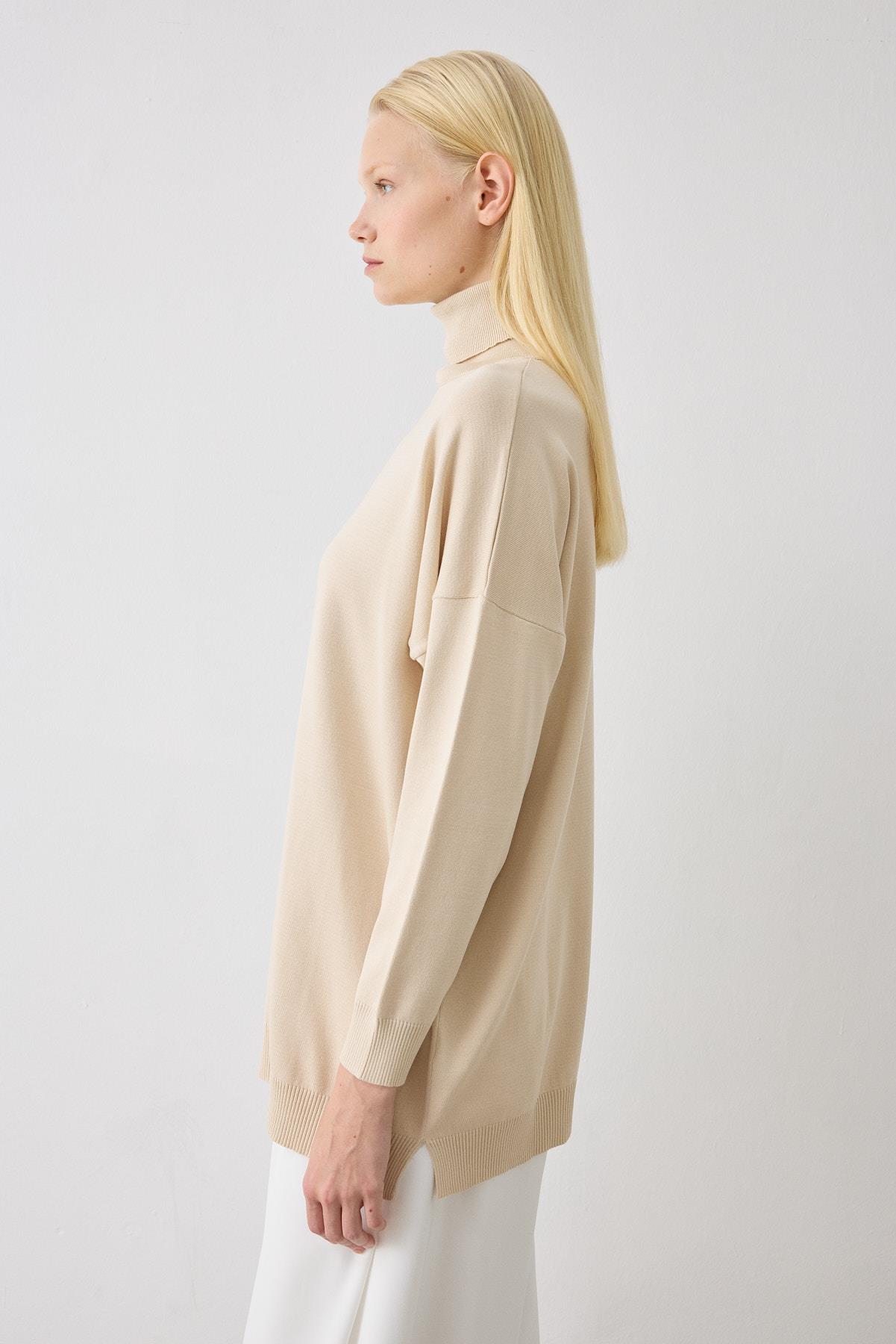 VOLETA MERCERIZED VISCOSE TURTLENECK KNIT TUNIC BEIGE