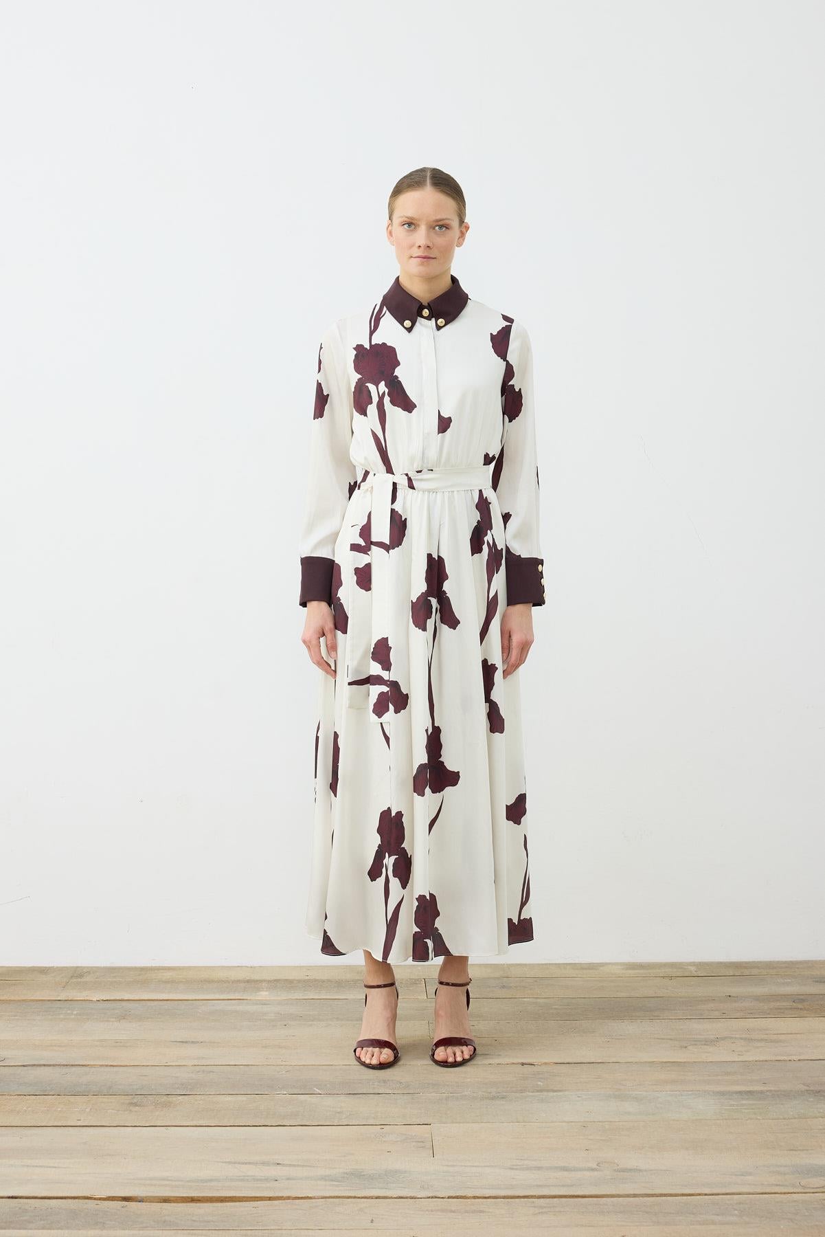 LILY PATTERNED COLLAR DETAILED TWILL DRESS BURGUNDY–STONE