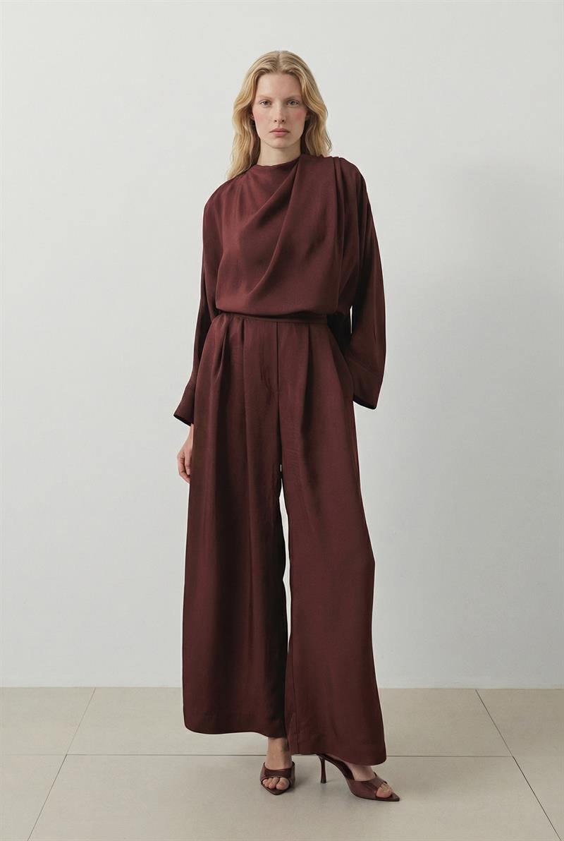 ARESA  ASETAT ŞAL DETAYLI PANTOLONLU TAKIM BORDO