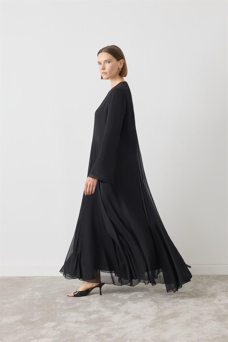 AURA DOKULU ŞİFON ELBİSE SİYAH