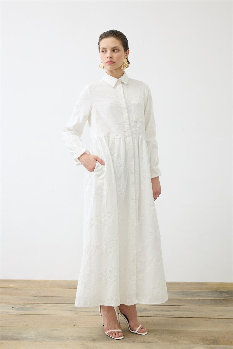 BELLA EMBROIDERED DRESS WITH APPLIQUE DETAILS WHITE