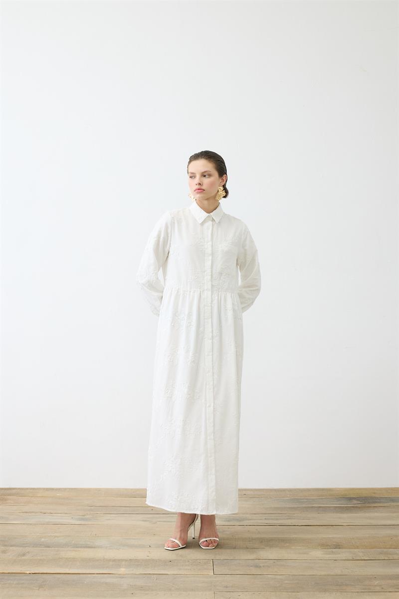 BELLA EMBROIDERED DRESS WITH APPLIQUE DETAILS WHITE