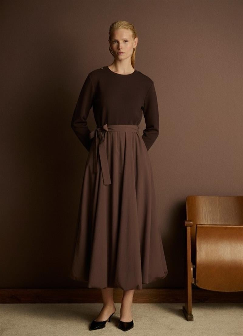 BELLA BALON ETEK DETAYLI ELBİSE KAHVE