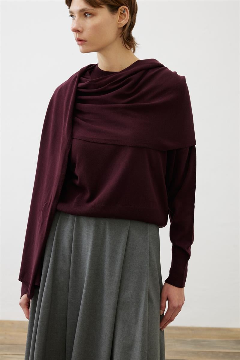 BELLA SHAWL DETAIL KNIT SWEATER BURGUNDY