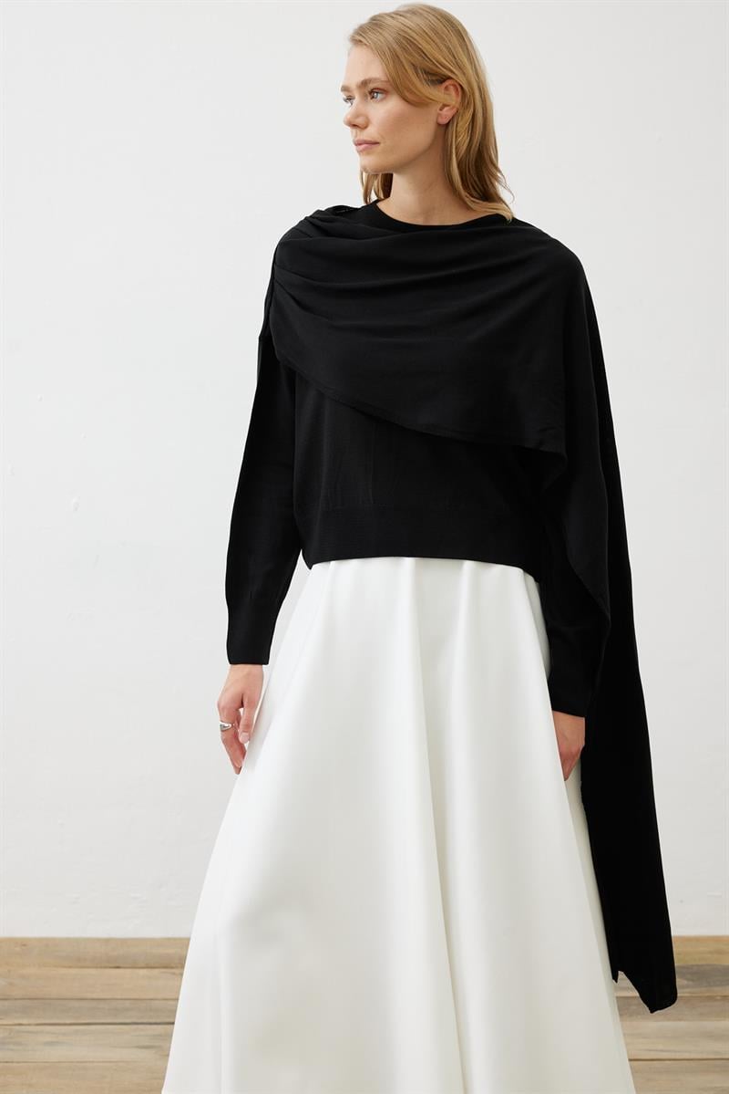 BELLA ŞAL DETAYLI TRİKO KAZAK SİYAH