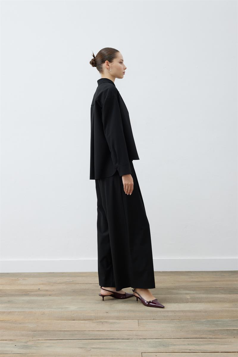 BLAKE VİSKON PİLE DETAYLI PANTOLON GÖMLEK TAKIM SİYAH