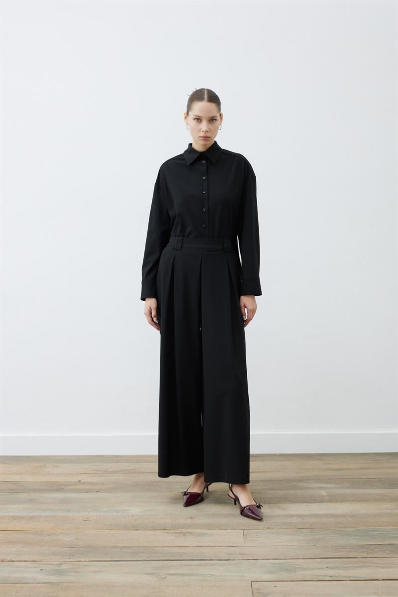 BLAKE VİSKON PİLE DETAYLI PANTOLON GÖMLEK TAKIM SİYAH